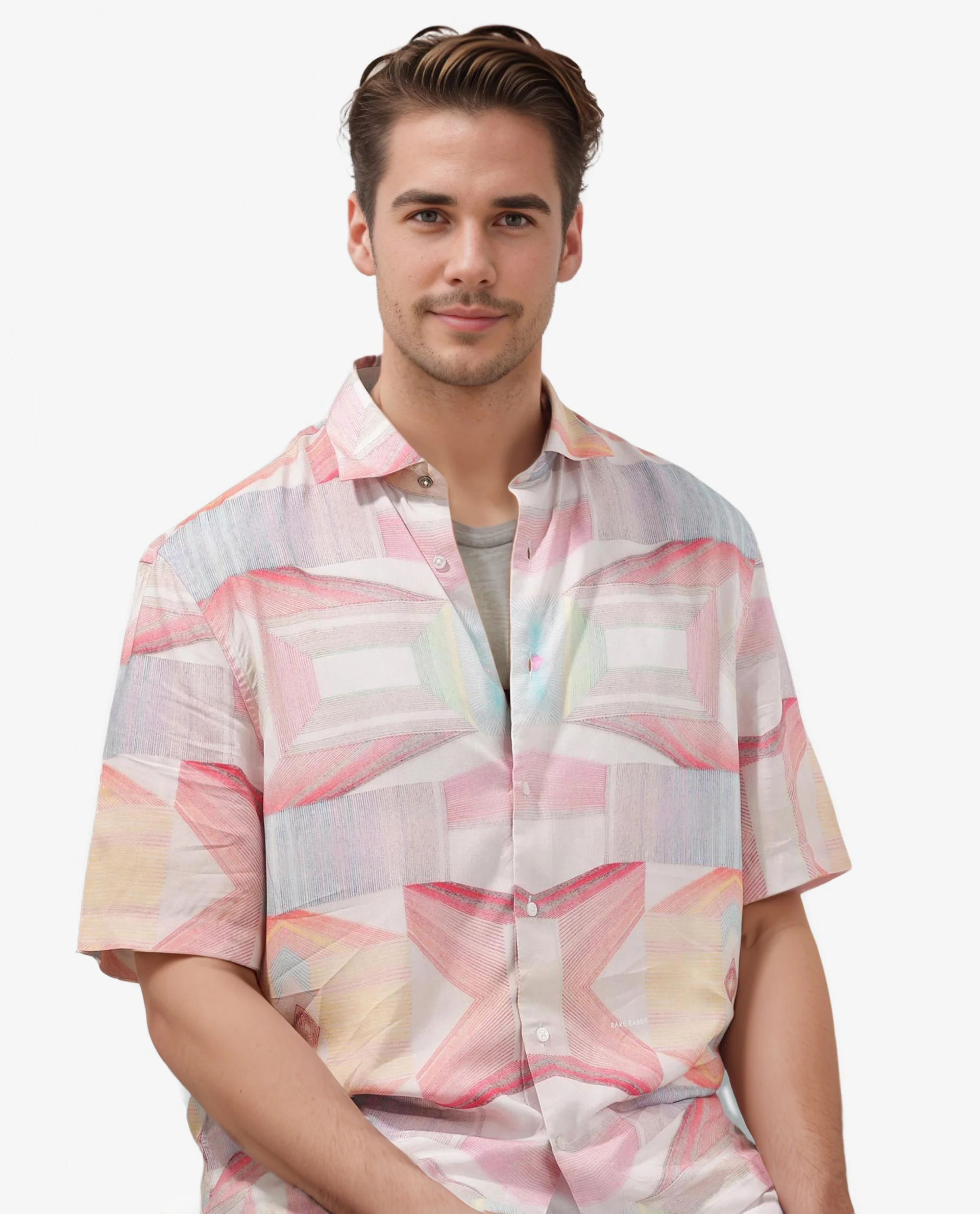 Rare Rabbit Men's Lim Pink Viscose Geometric Print Boxy Fit Half Sleeve Collared Shirt