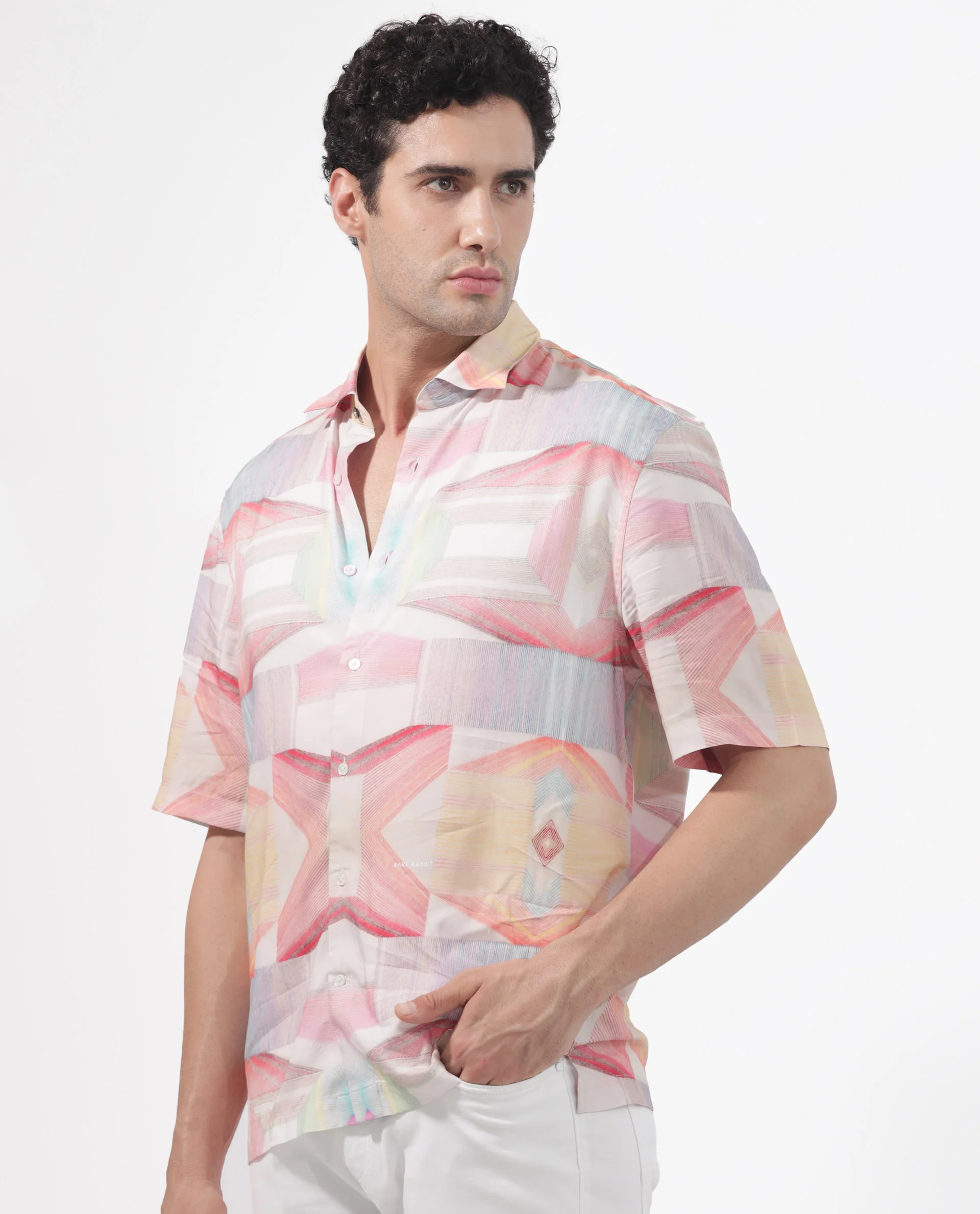 Rare Rabbit Men's Lim Pink Viscose Geometric Print Boxy Fit Half Sleeve Collared Shirt - Image 10