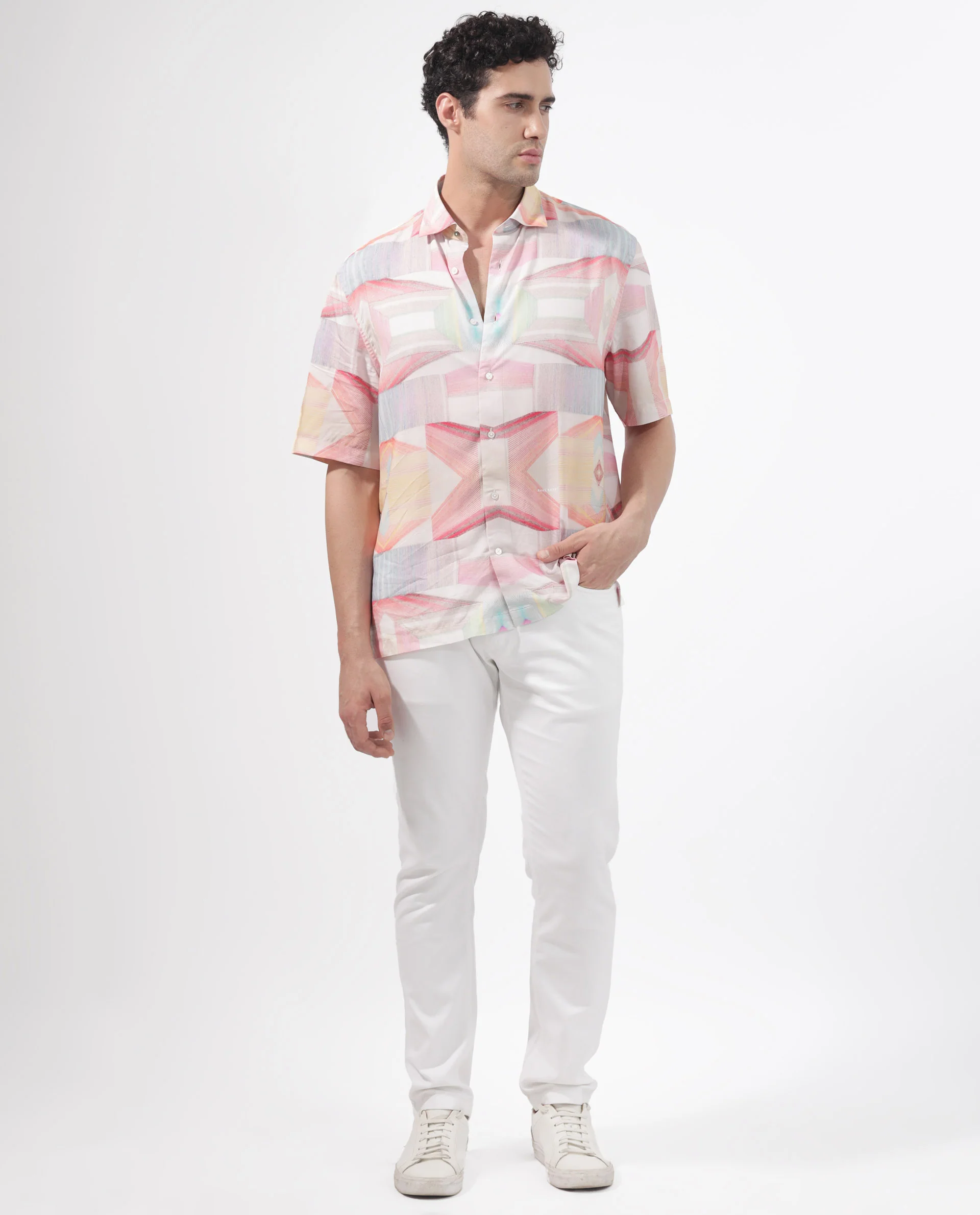 Rare Rabbit Men's Lim Pink Viscose Geometric Print Boxy Fit Half Sleeve Collared Shirt - Image 2