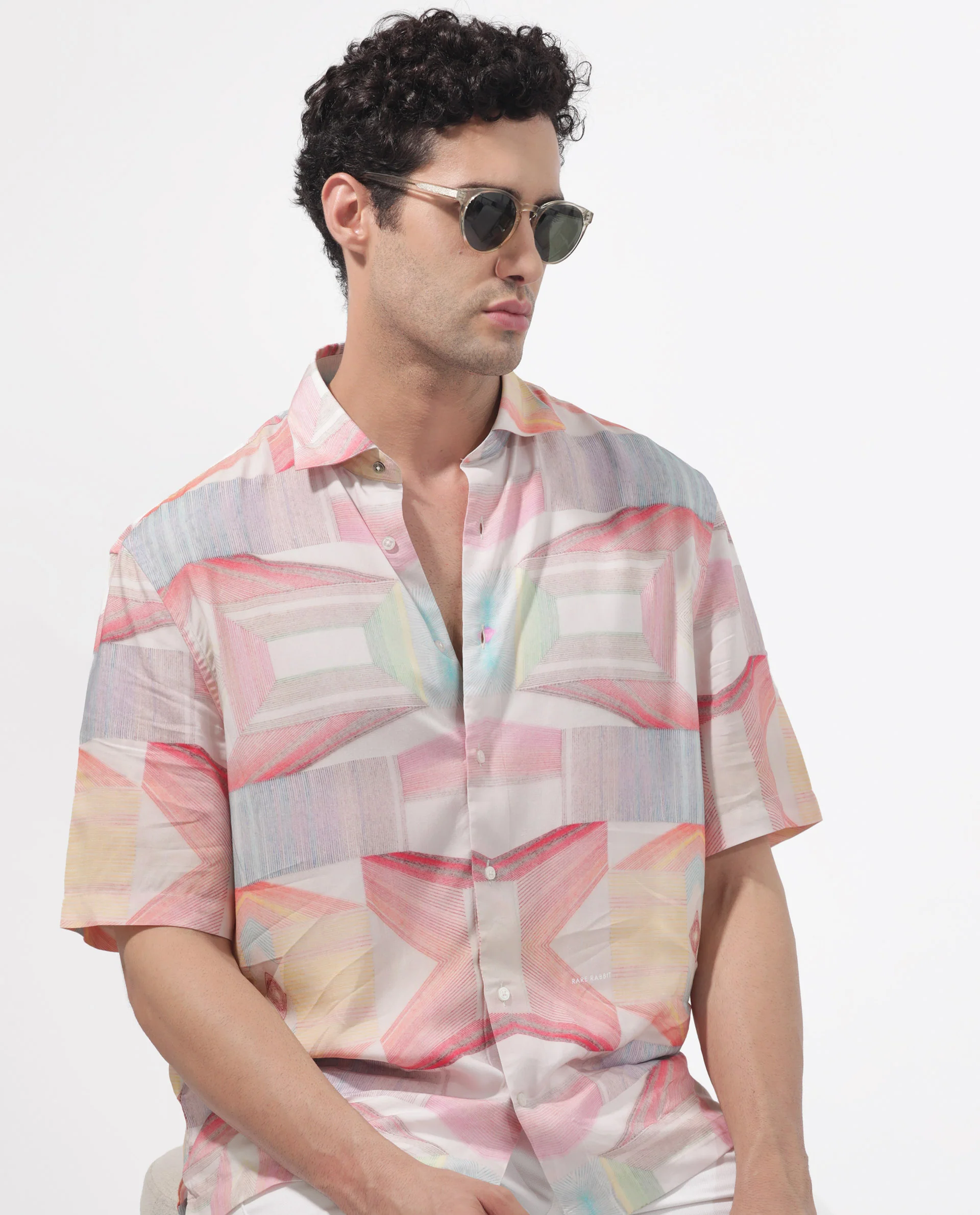Rare Rabbit Men's Lim Pink Viscose Geometric Print Boxy Fit Half Sleeve Collared Shirt - Image 3