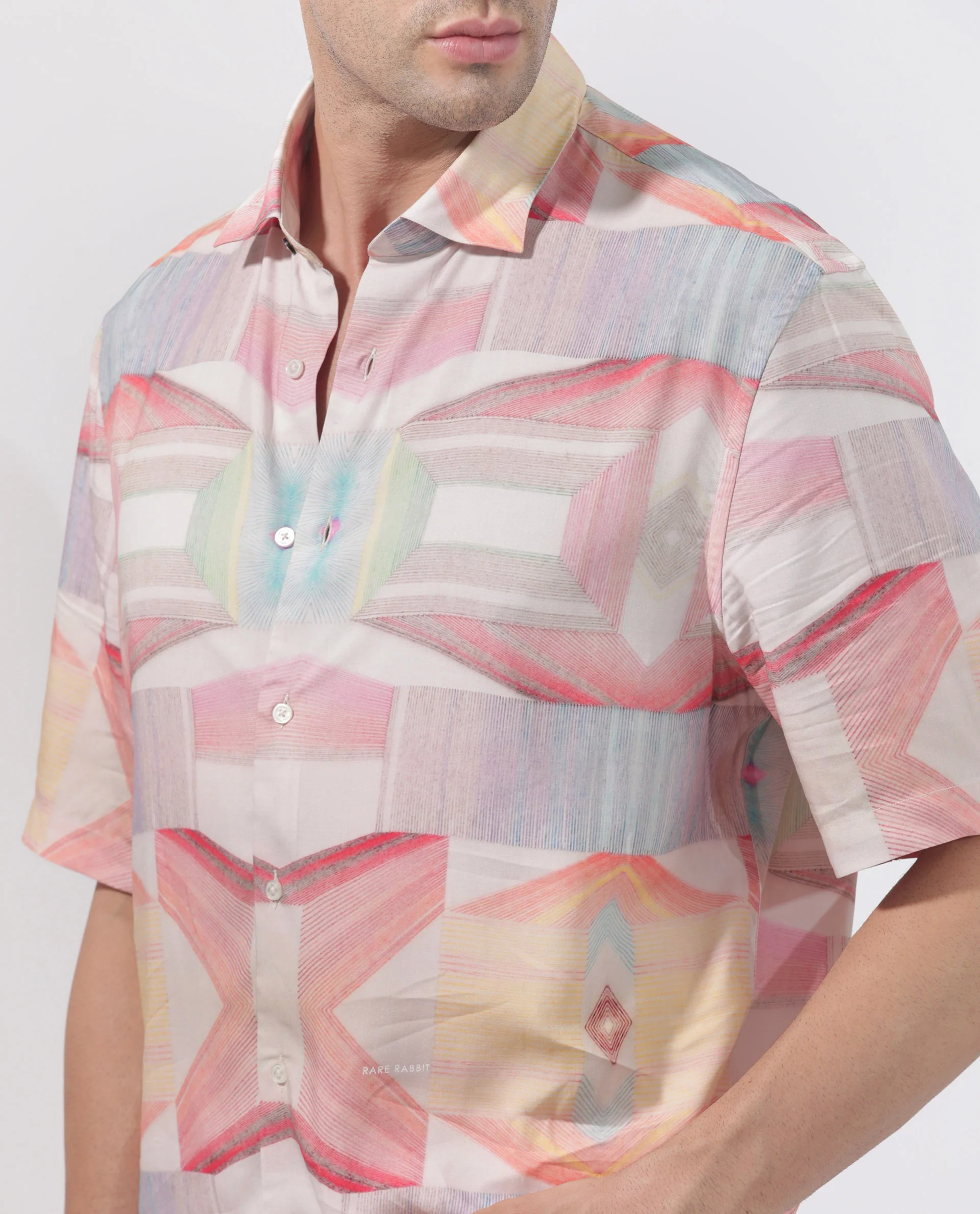 Rare Rabbit Men's Lim Pink Viscose Geometric Print Boxy Fit Half Sleeve Collared Shirt - Image 5