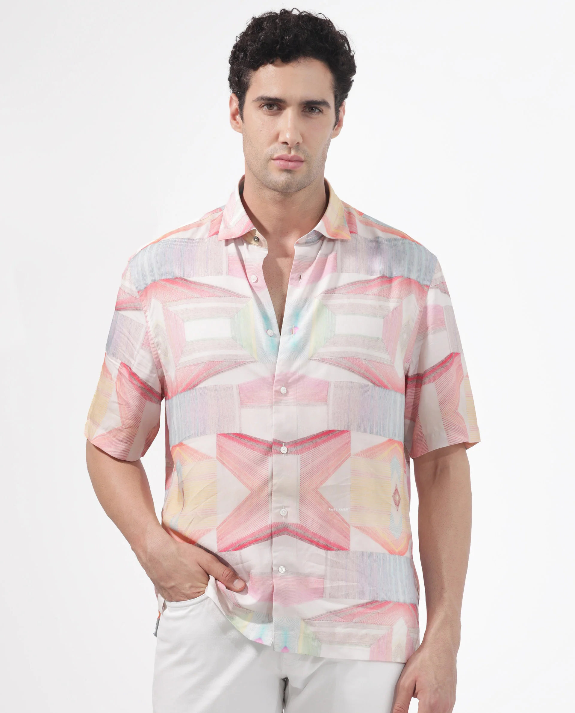 Rare Rabbit Men's Lim Pink Viscose Geometric Print Boxy Fit Half Sleeve Collared Shirt - Image 6
