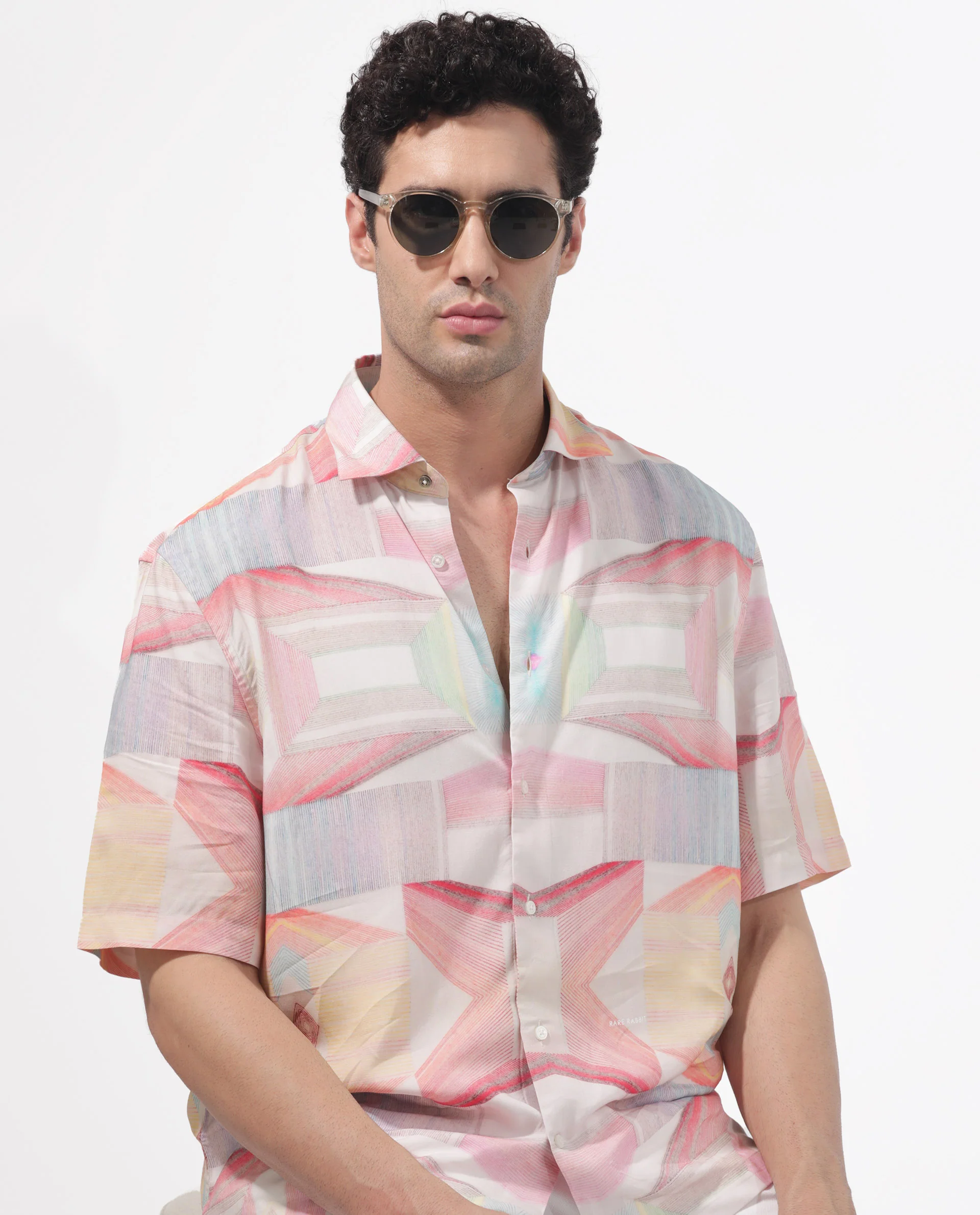 Rare Rabbit Men's Lim Pink Viscose Geometric Print Boxy Fit Half Sleeve Collared Shirt - Image 7