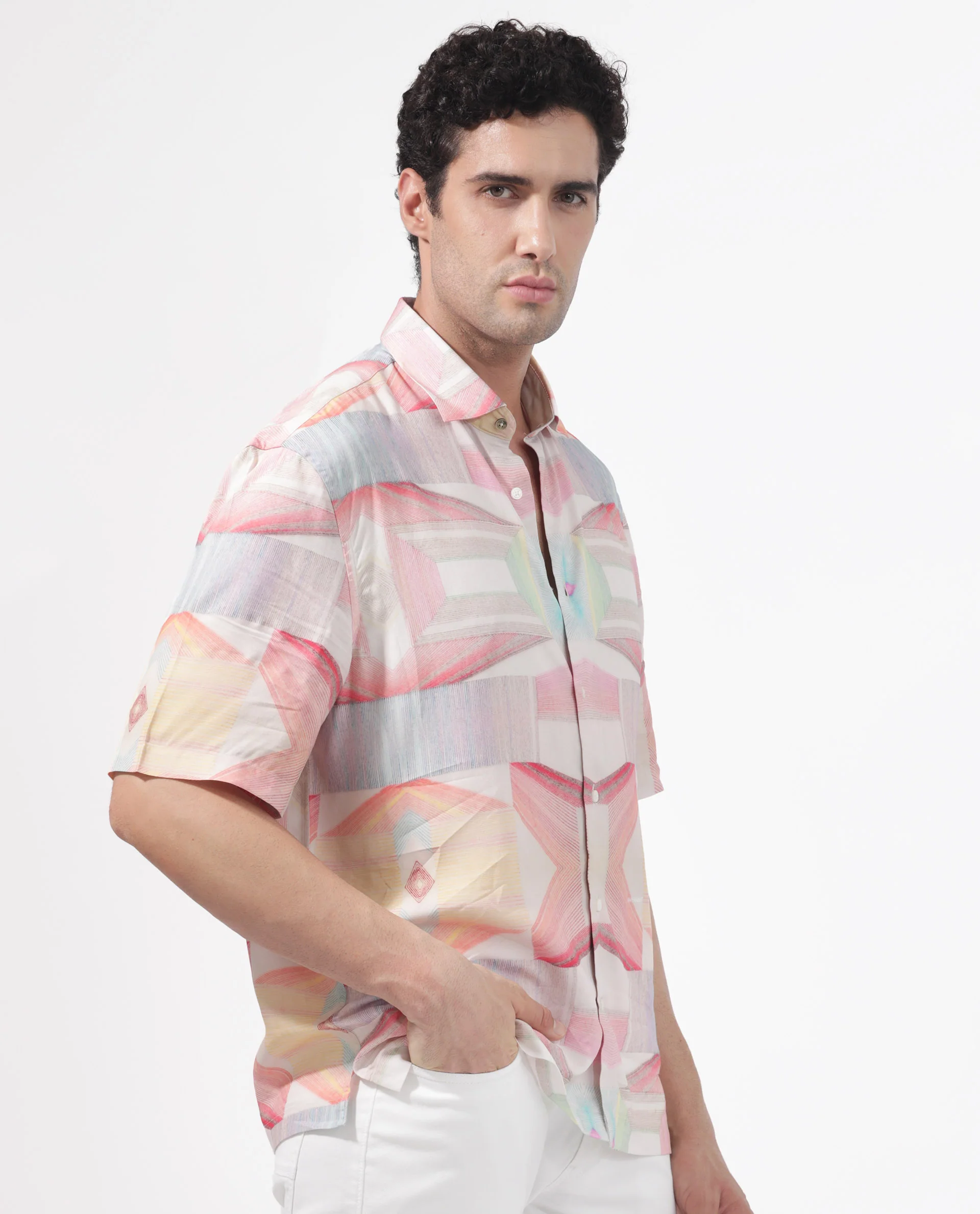 Rare Rabbit Men's Lim Pink Viscose Geometric Print Boxy Fit Half Sleeve Collared Shirt - Image 8