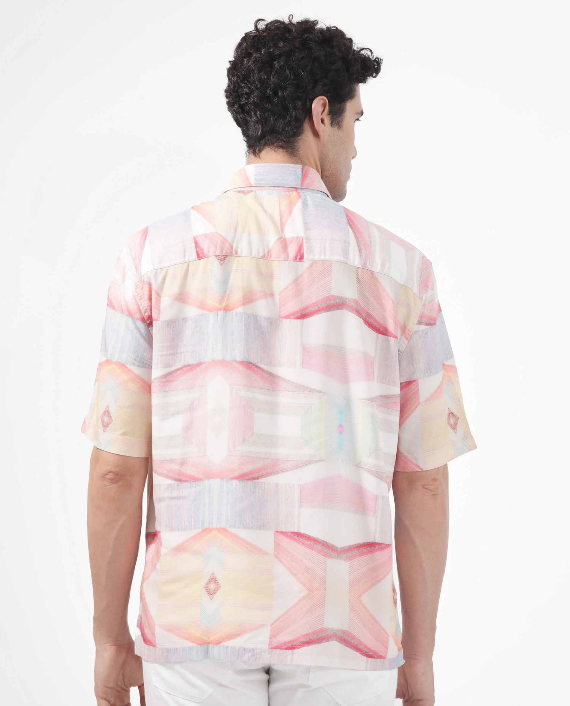 Rare Rabbit Men's Lim Pink Viscose Geometric Print Boxy Fit Half Sleeve Collared Shirt - Image 9