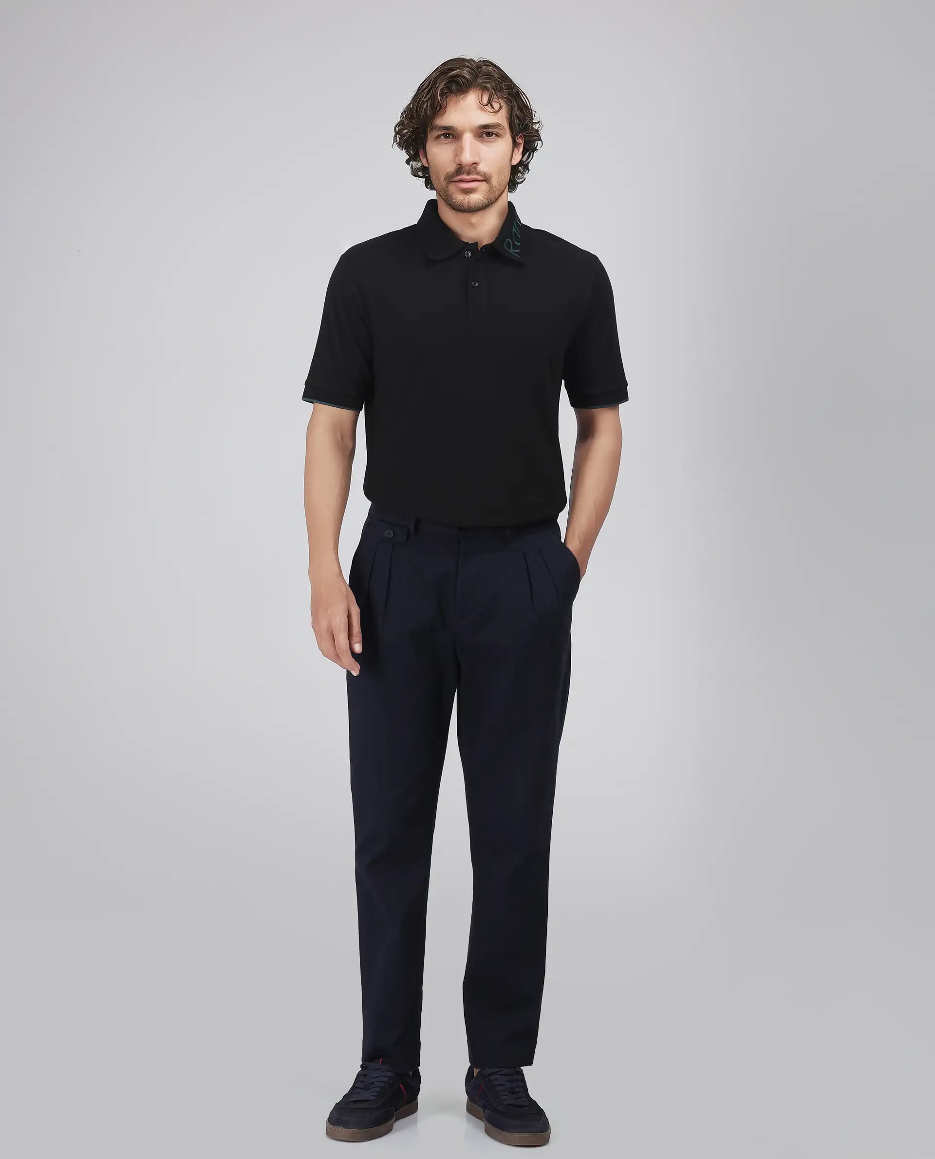 Rare Rabbit Men's Limo Black Cotton Blend Embroidered Regular Fit Half Sleeve Polo - Image 2