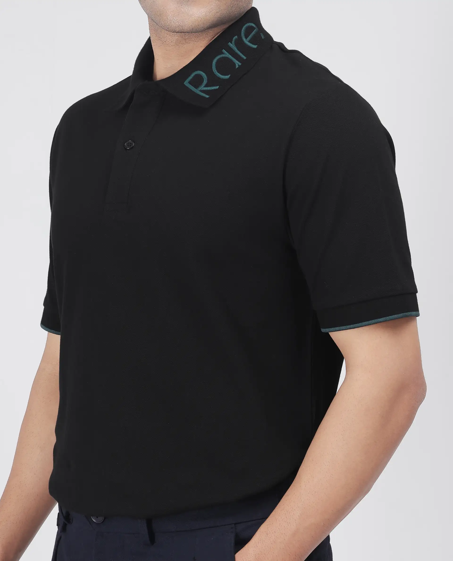 Rare Rabbit Men's Limo Black Cotton Blend Embroidered Regular Fit Half Sleeve Polo - Image 3