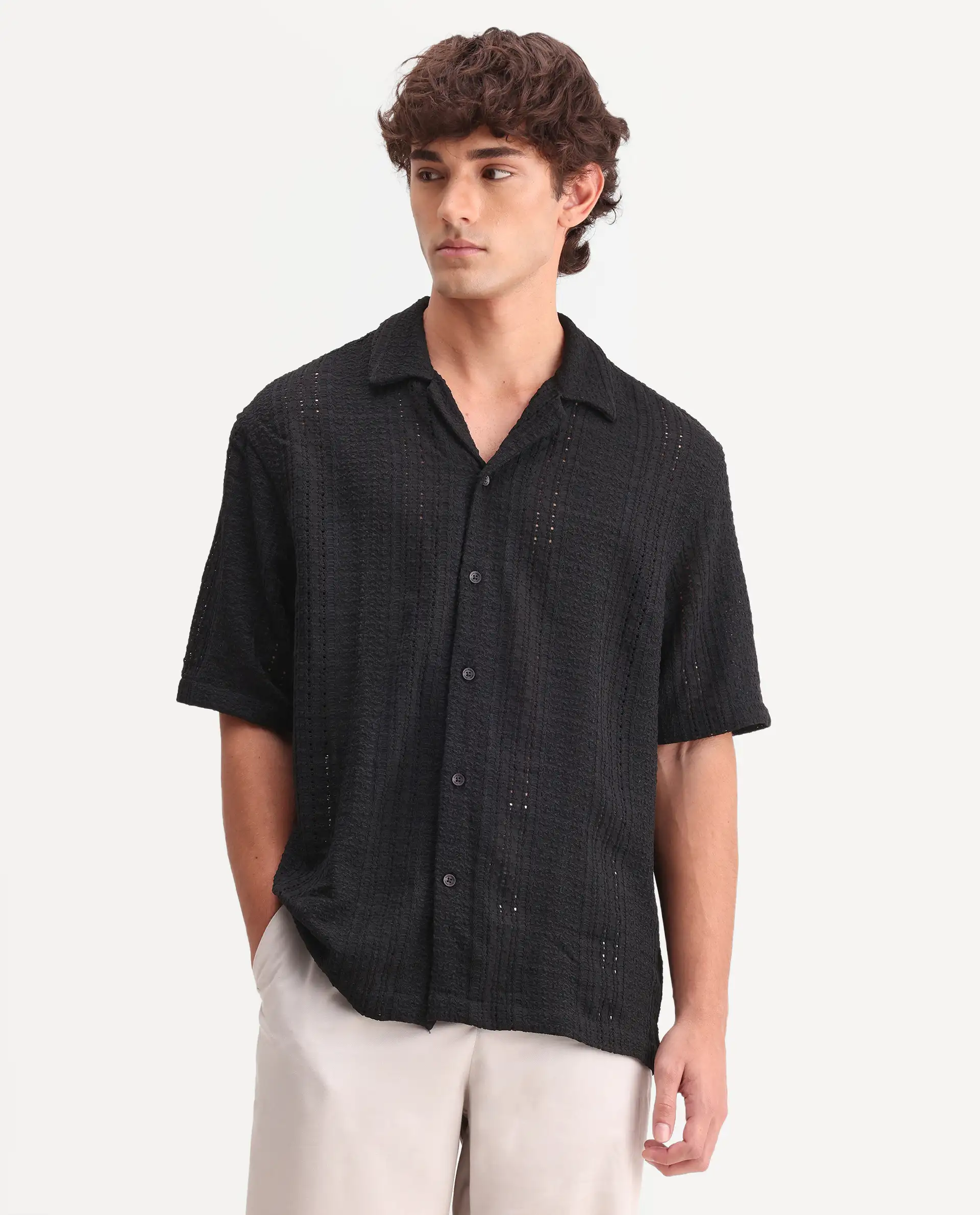 Rare Rabbit Men's Limo Black Cotton Embroidered Regular Fit Full Sleeve Collared Shirt - Image 4