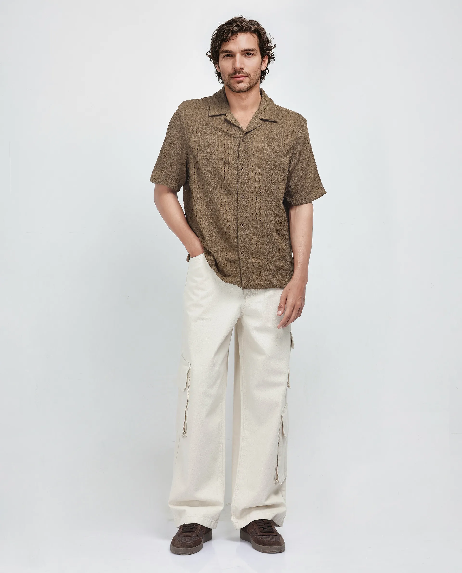 Rare Rabbit Men's Limo Brown Cotton Jacquard Regular Fit Half Sleeve Cuban Collar Shirt - Image 2