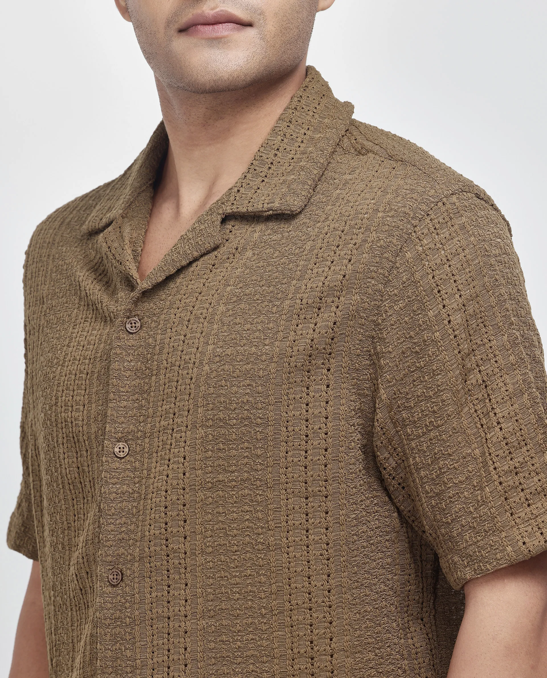 Rare Rabbit Men's Limo Brown Cotton Jacquard Regular Fit Half Sleeve Cuban Collar Shirt - Image 3