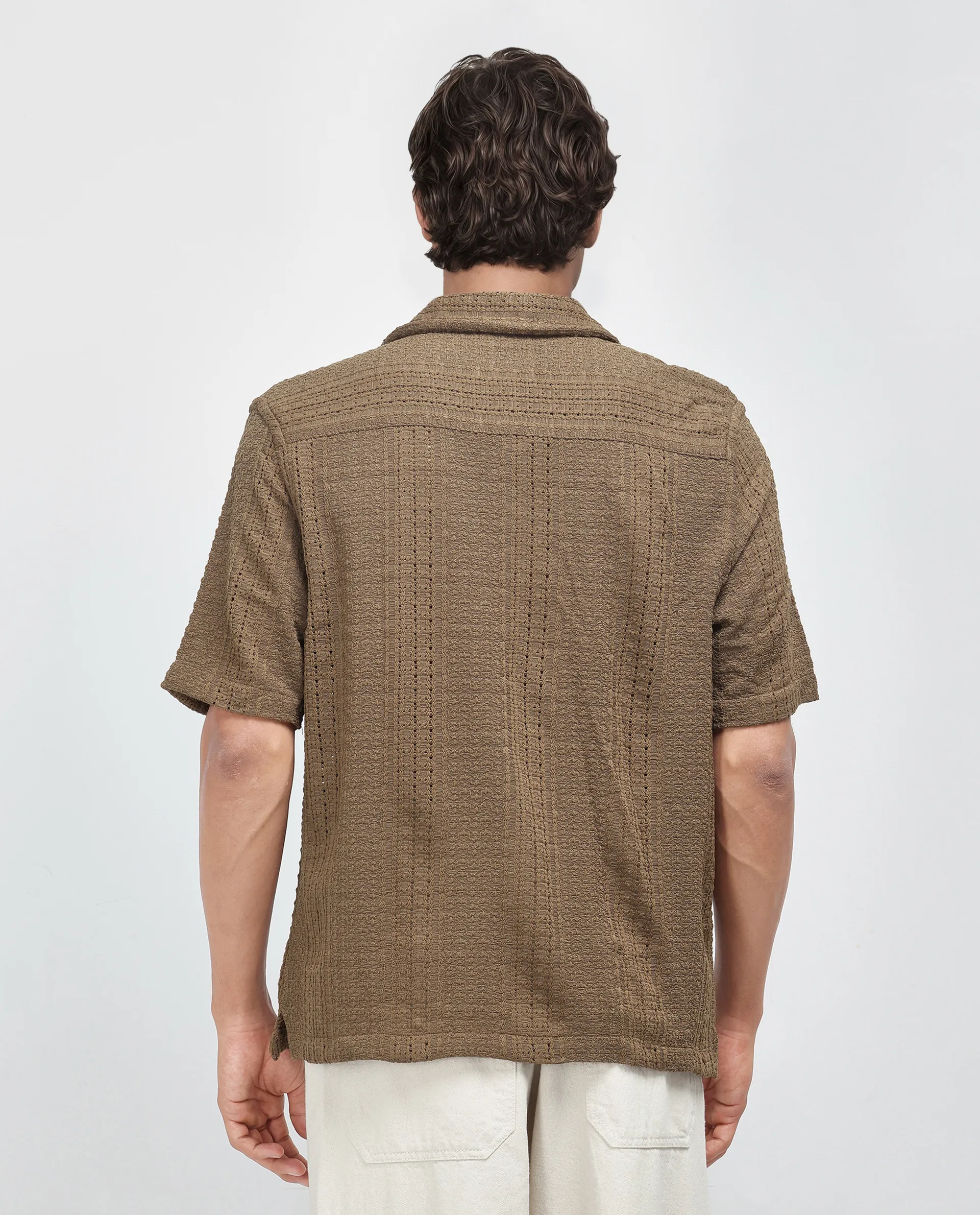 Rare Rabbit Men's Limo Brown Cotton Jacquard Regular Fit Half Sleeve Cuban Collar Shirt - Image 4