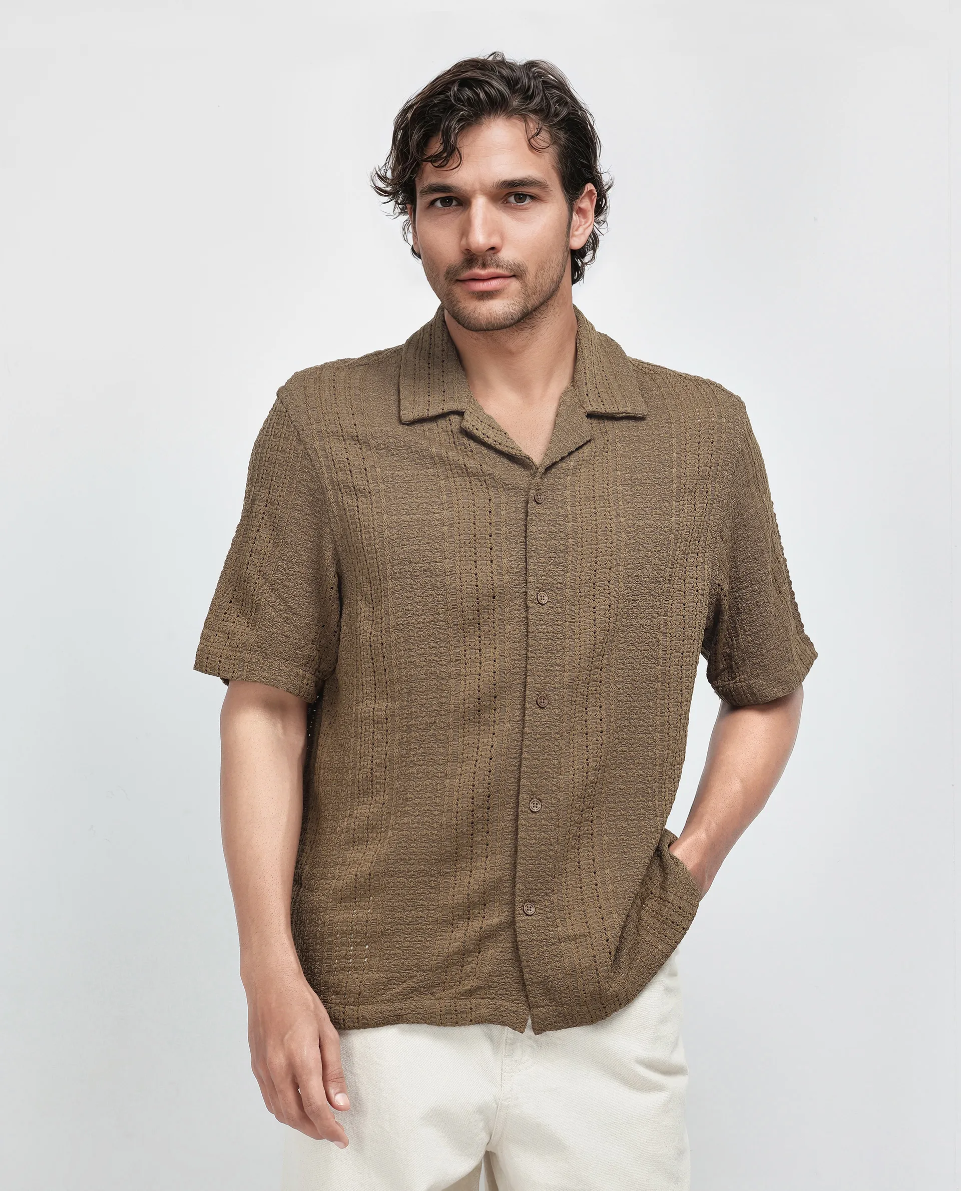 Rare Rabbit Men's Limo Brown Cotton Jacquard Regular Fit Half Sleeve Cuban Collar Shirt - Image 5