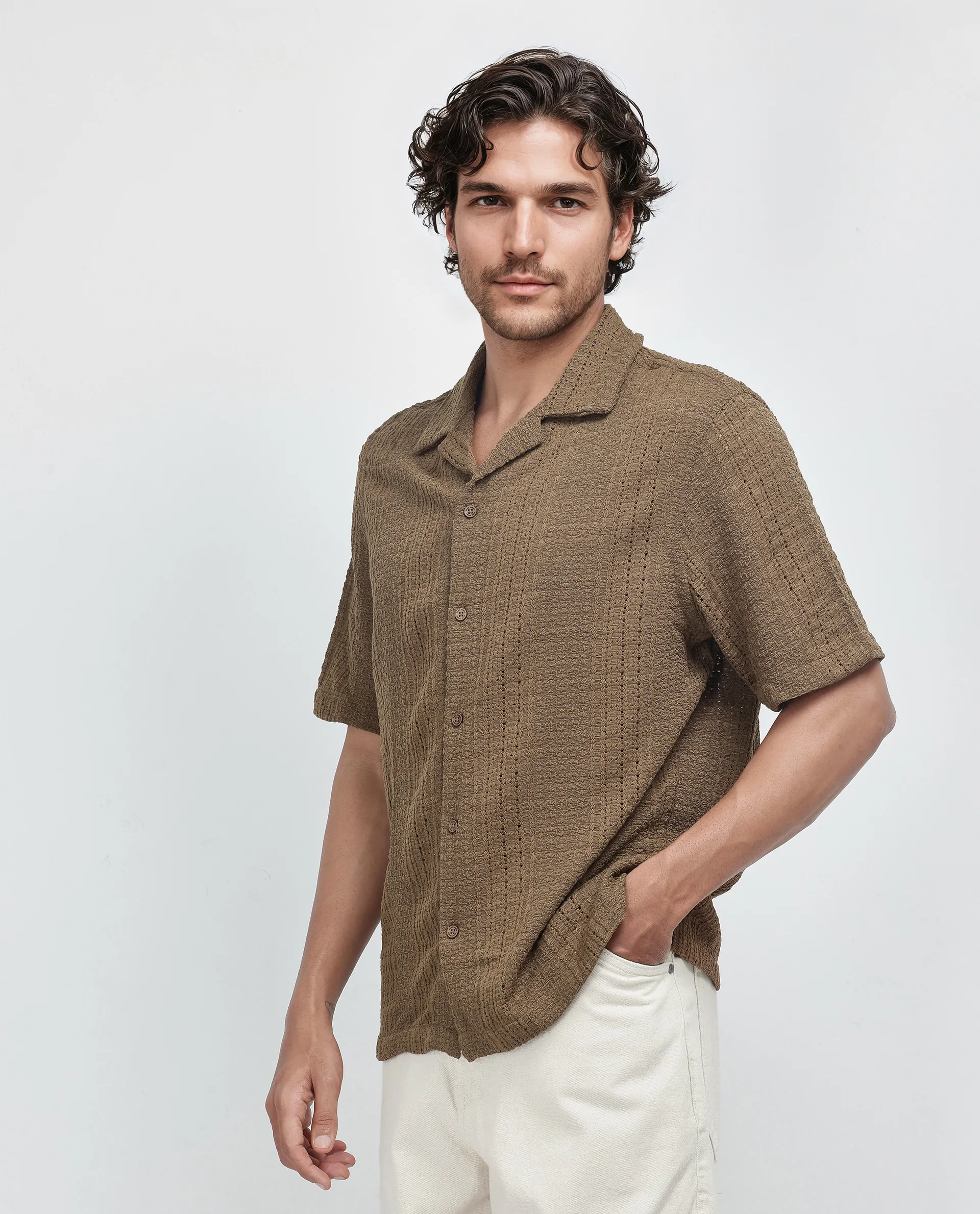 Rare Rabbit Men's Limo Brown Cotton Jacquard Regular Fit Half Sleeve Cuban Collar Shirt - Image 6