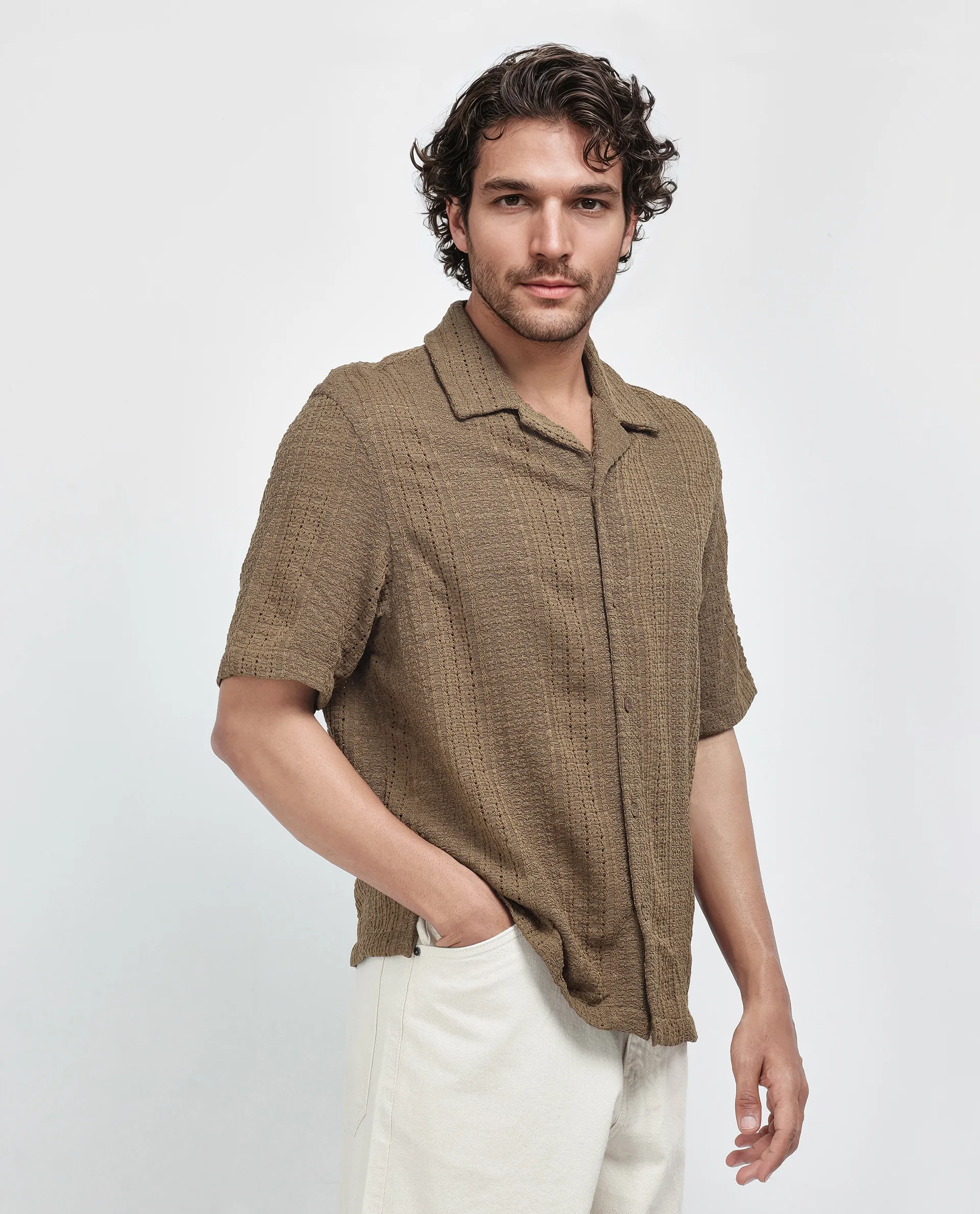 Rare Rabbit Men's Limo Brown Cotton Jacquard Regular Fit Half Sleeve Cuban Collar Shirt - Image 7