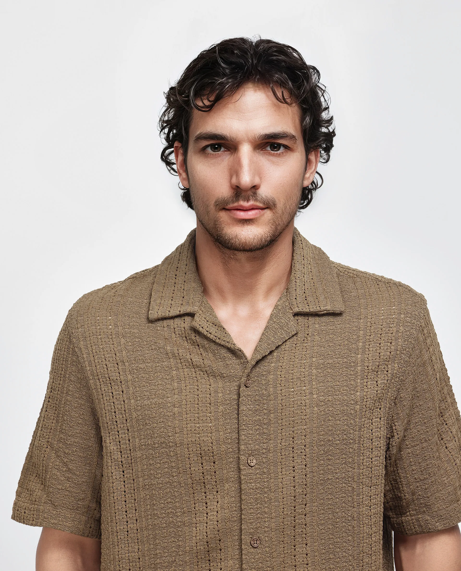 Rare Rabbit Men's Limo Brown Cotton Jacquard Regular Fit Half Sleeve Cuban Collar Shirt - Image 8