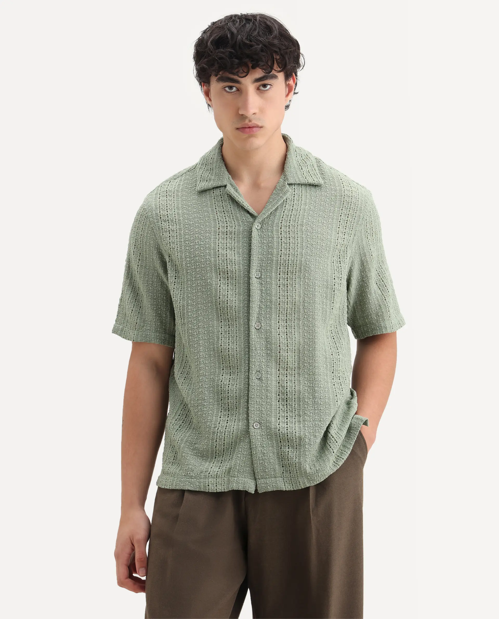 Rare Rabbit Men's Limo Pastel Green Cotton Embroidered Boxy Fit Full Sleeve Cuban Collar Shirt - Image 4
