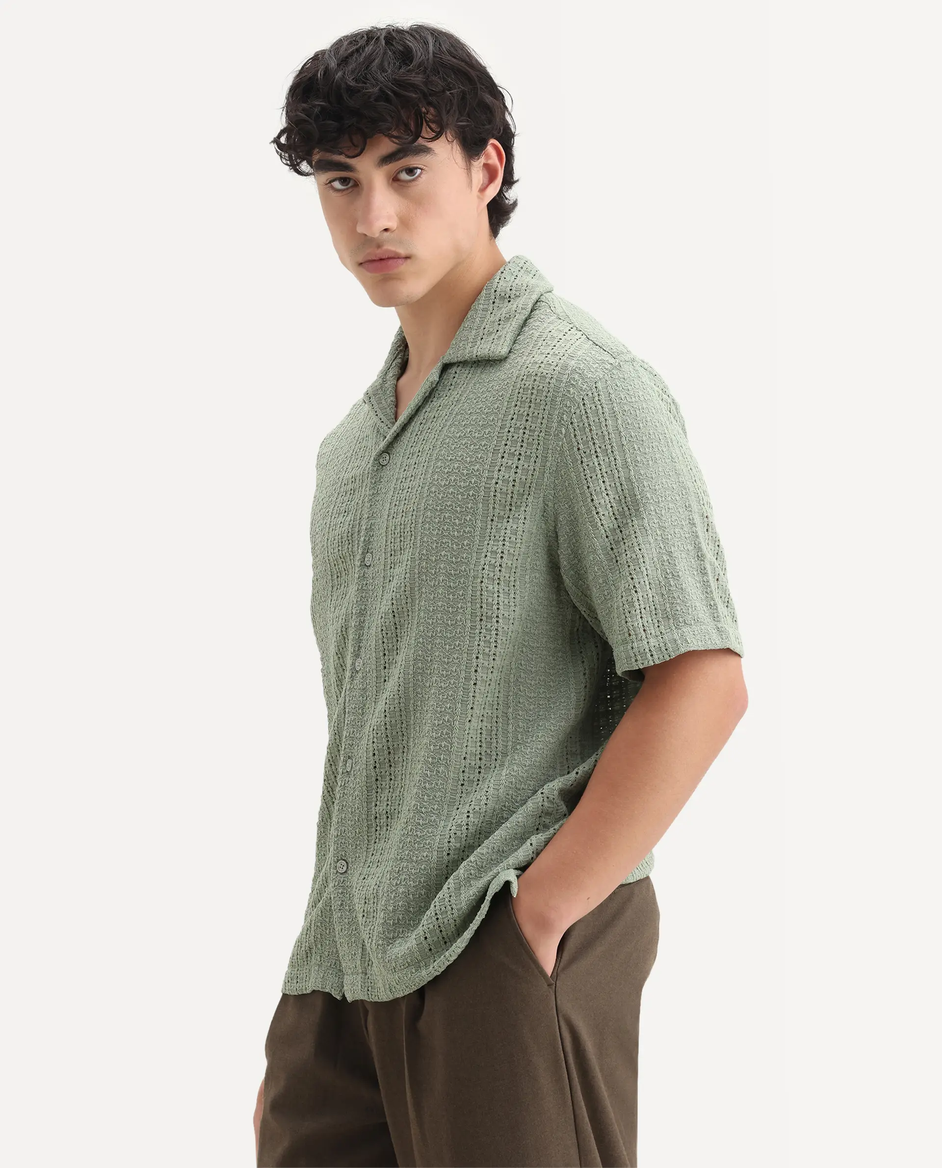 Rare Rabbit Men's Limo Pastel Green Cotton Embroidered Boxy Fit Full Sleeve Cuban Collar Shirt - Image 5