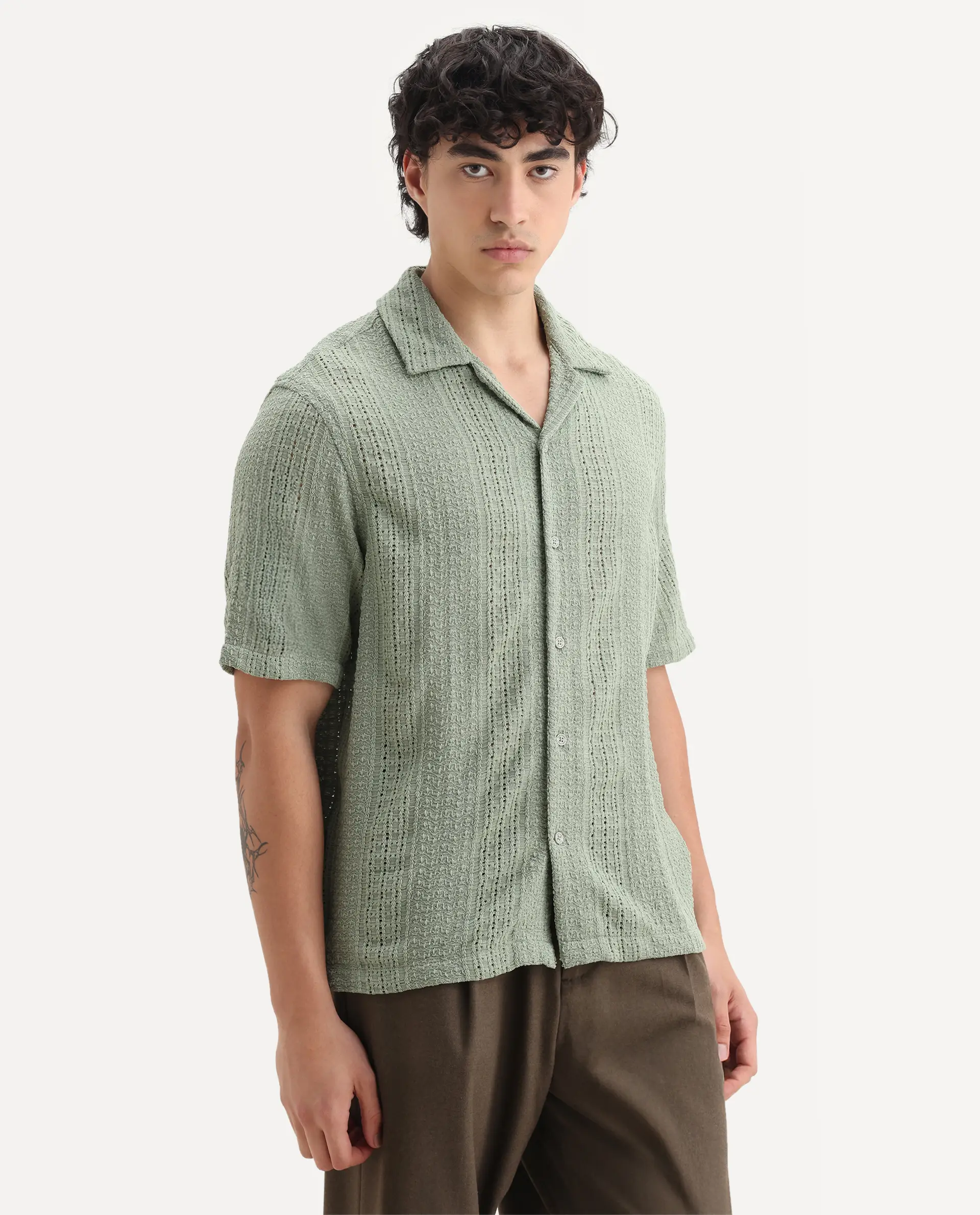 Rare Rabbit Men's Limo Pastel Green Cotton Embroidered Boxy Fit Full Sleeve Cuban Collar Shirt - Image 6