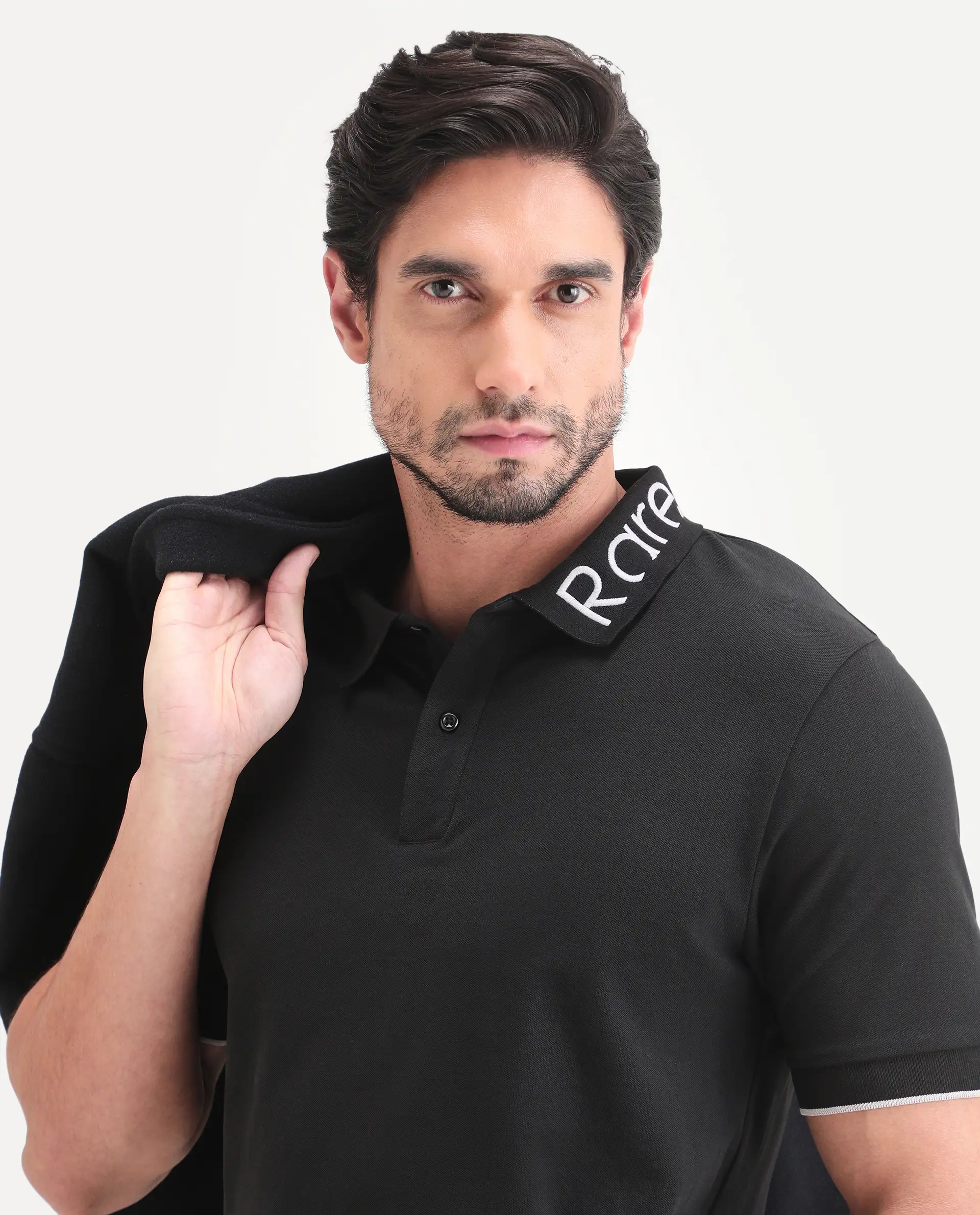 Rare Rabbit Men's Limo-S26 Black Cotton Blend Fabric Half Sleeve Spread Collar Regular Fit Plain Polo