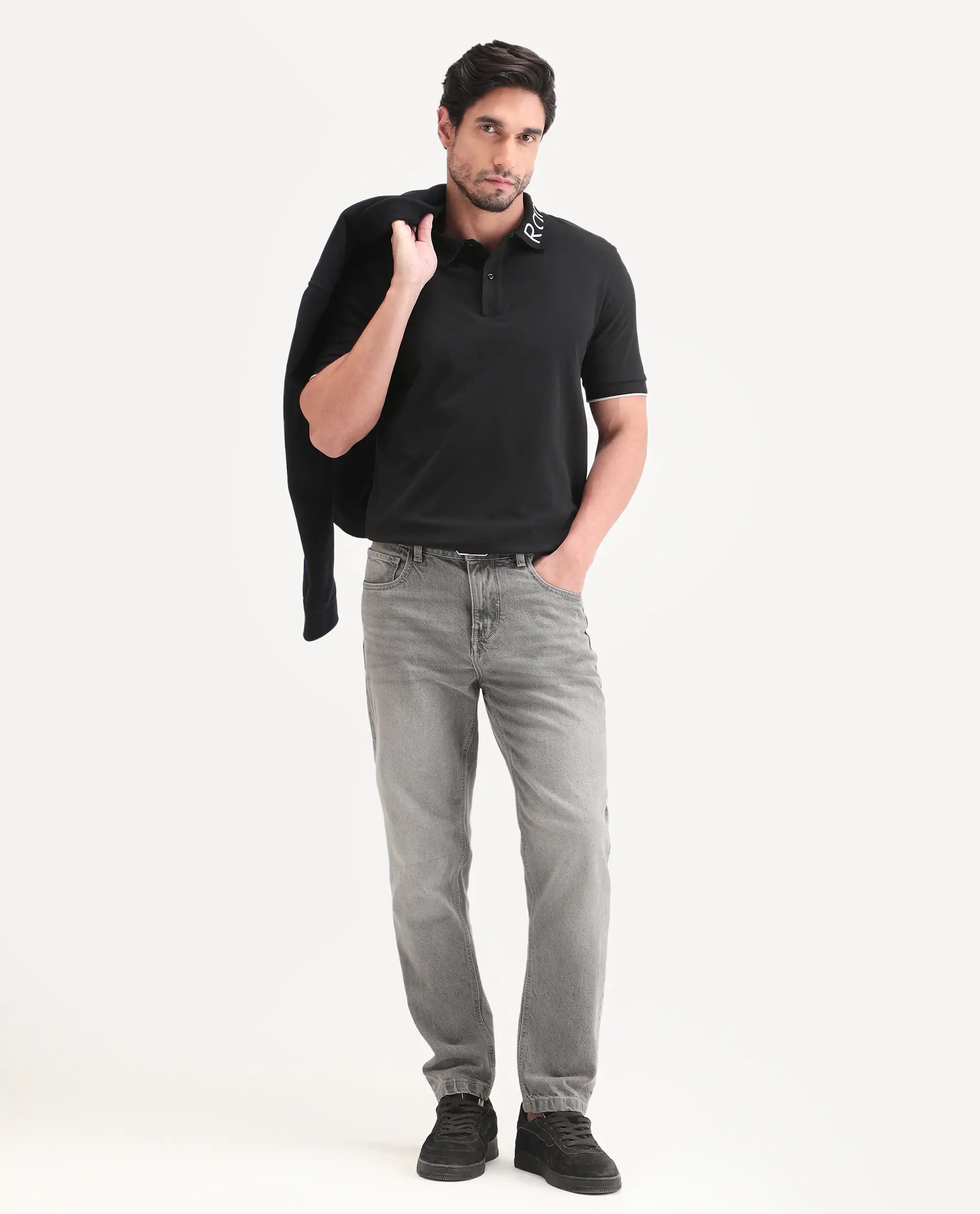 Rare Rabbit Men's Limo-S26 Black Cotton Blend Fabric Half Sleeve Spread Collar Regular Fit Plain Polo - Image 2