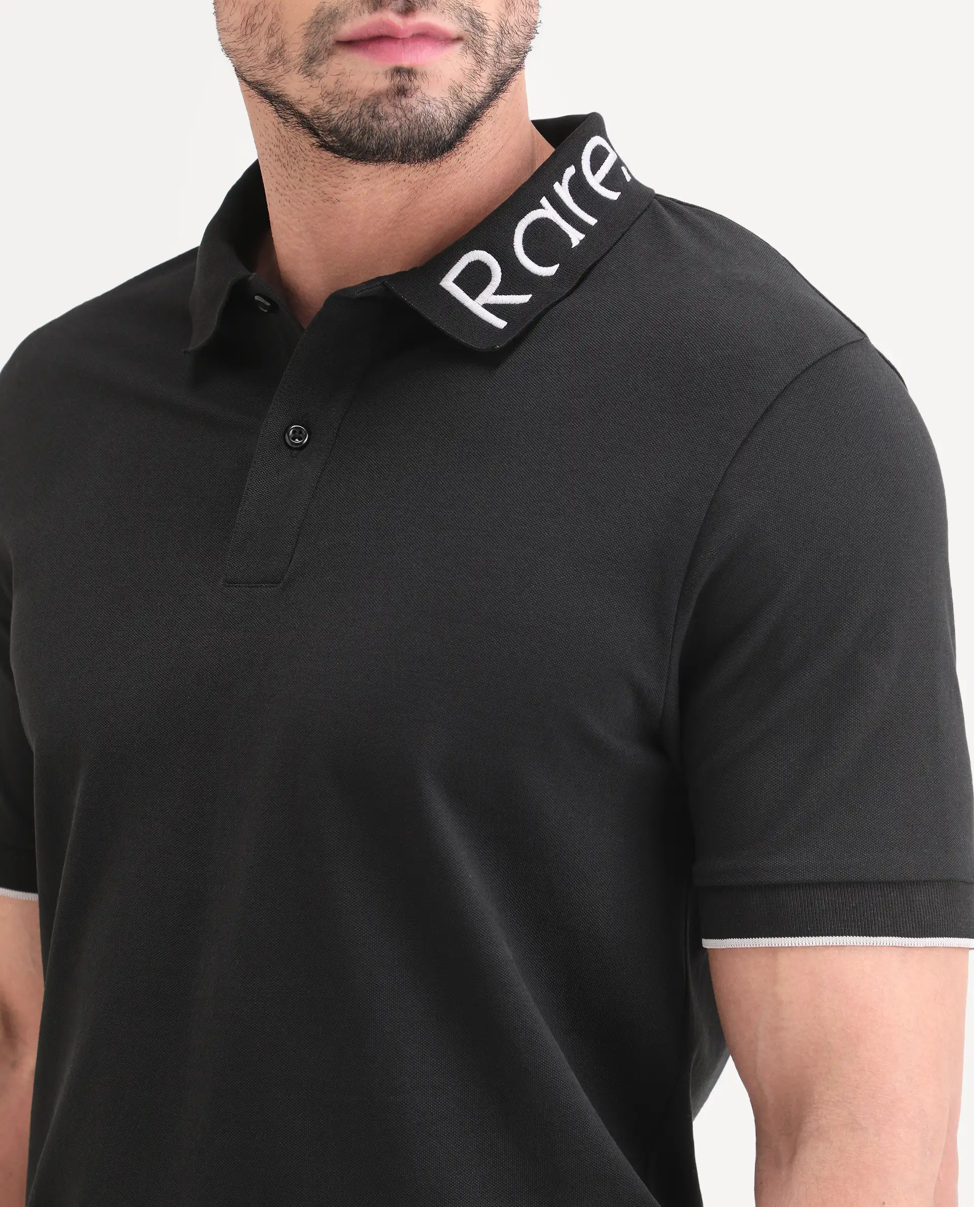 Rare Rabbit Men's Limo-S26 Black Cotton Blend Fabric Half Sleeve Spread Collar Regular Fit Plain Polo - Image 3