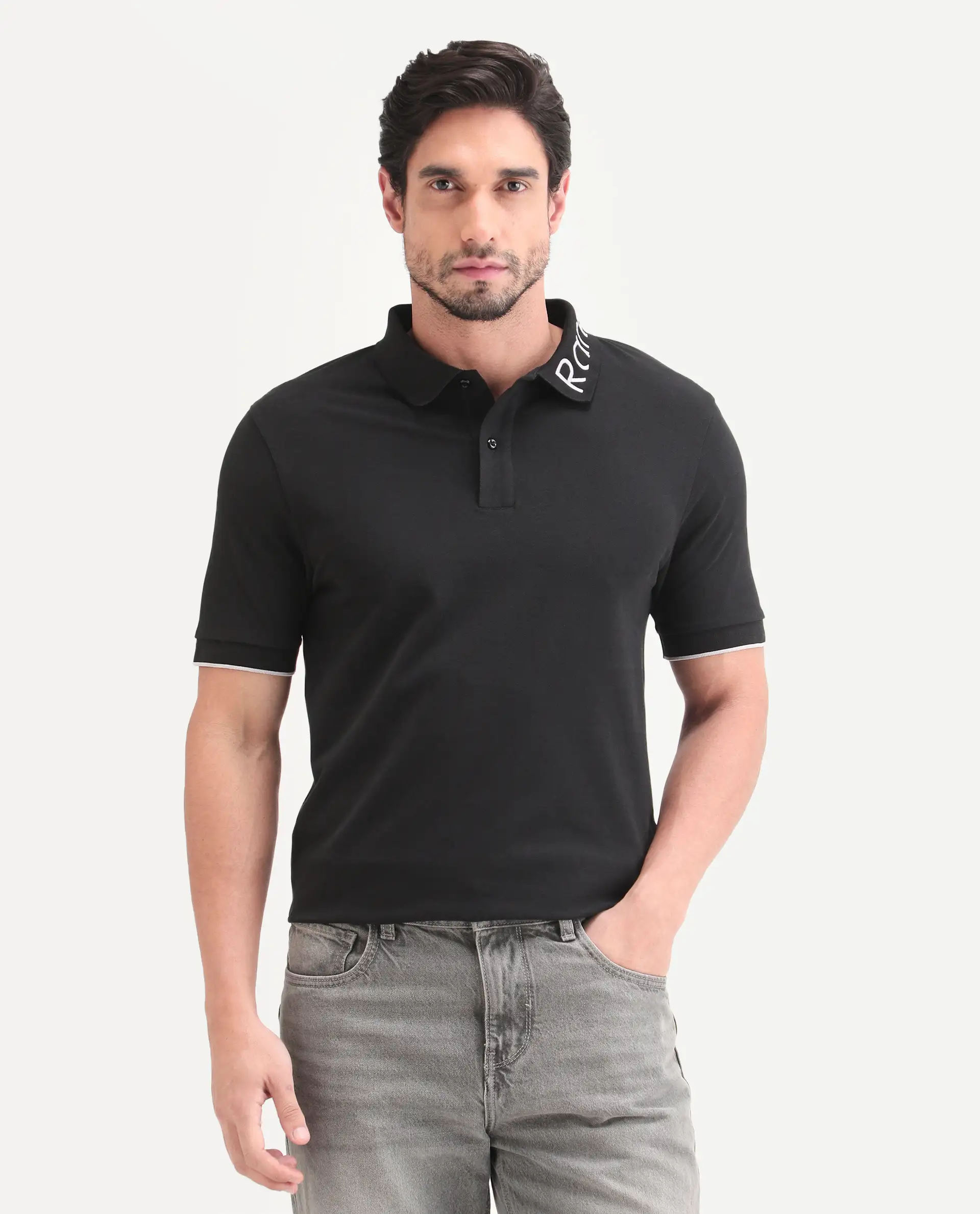 Rare Rabbit Men's Limo-S26 Black Cotton Blend Fabric Half Sleeve Spread Collar Regular Fit Plain Polo - Image 4