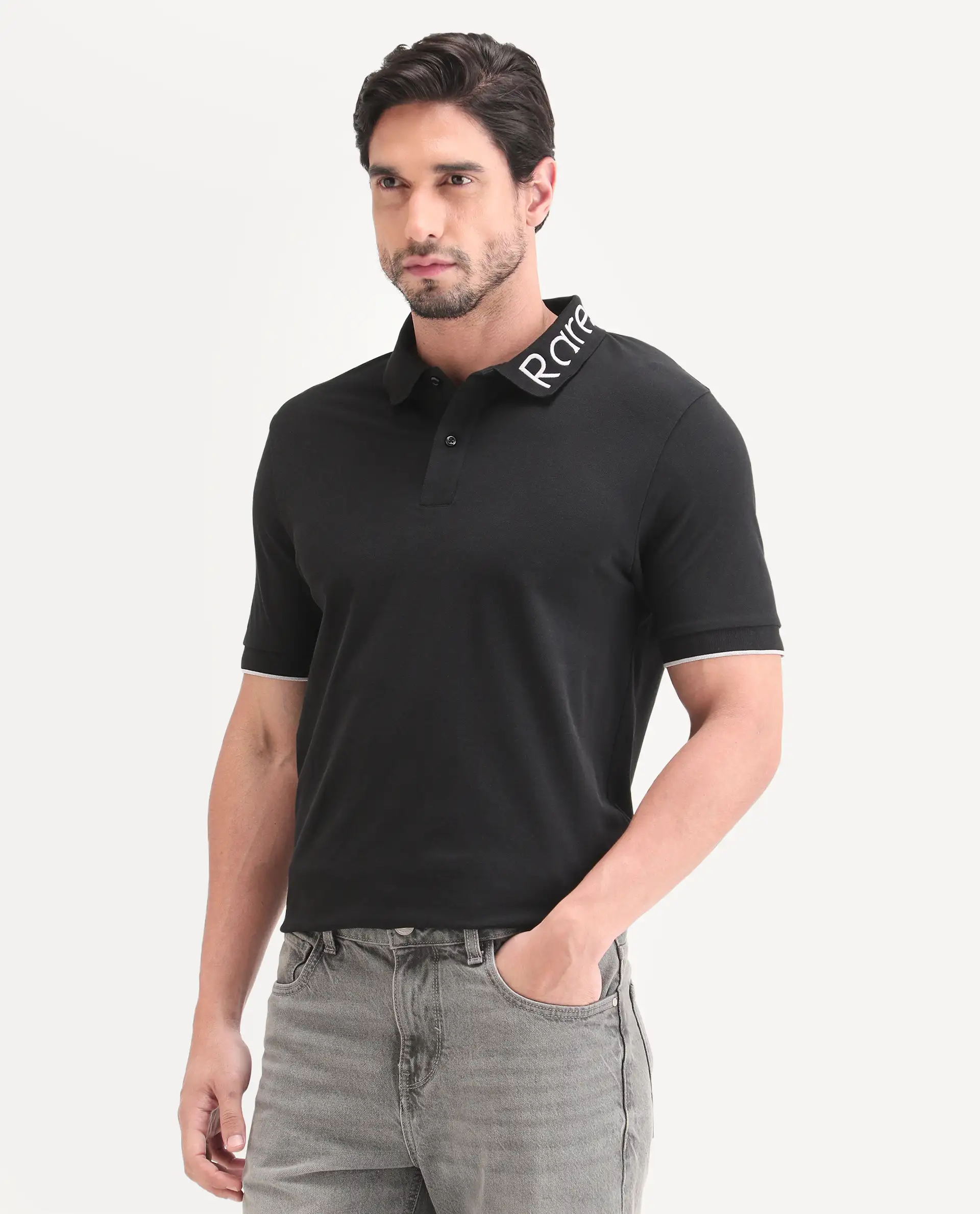 Rare Rabbit Men's Limo-S26 Black Cotton Blend Fabric Half Sleeve Spread Collar Regular Fit Plain Polo - Image 5