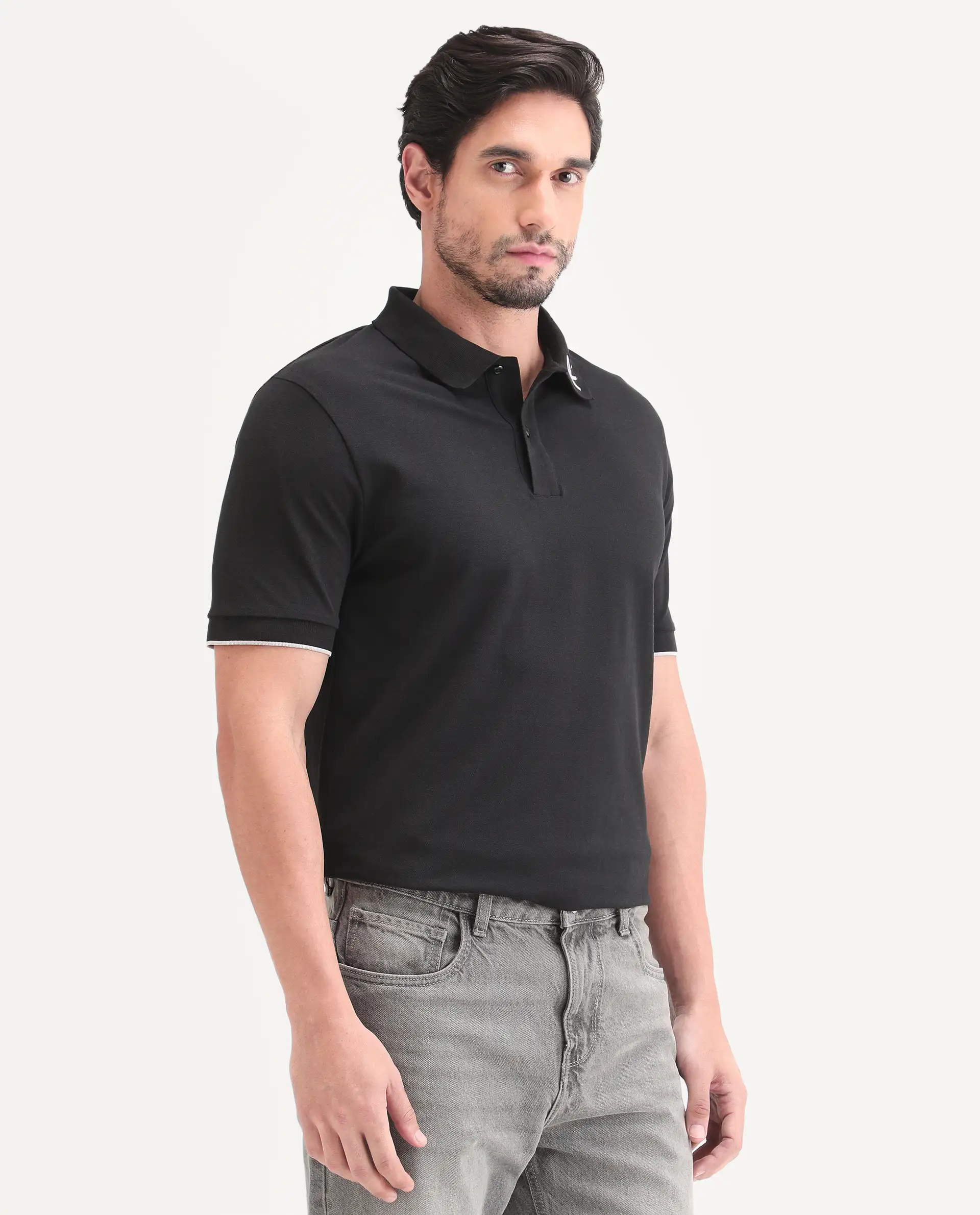 Rare Rabbit Men's Limo-S26 Black Cotton Blend Fabric Half Sleeve Spread Collar Regular Fit Plain Polo - Image 6