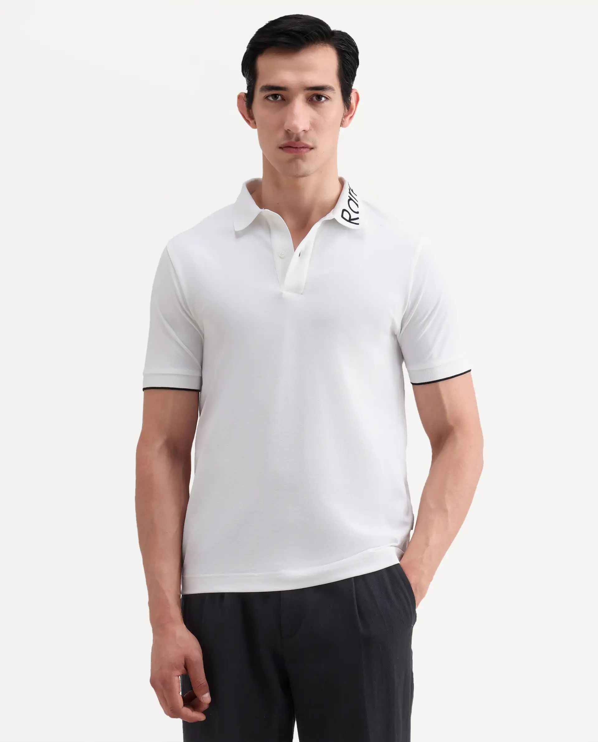 Rare Rabbit Men's Limo-S26 White Cotton Blend Fabric Half Sleeve Spread Collar Regular Fit Plain Polo - Image 4