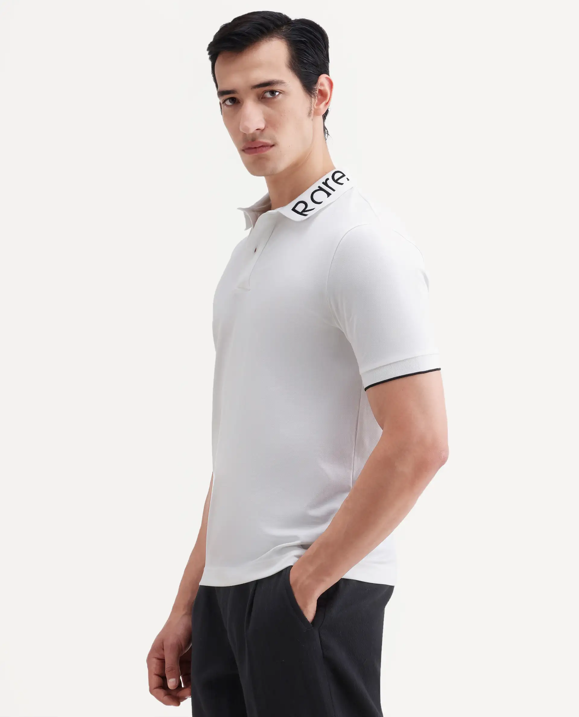 Rare Rabbit Men's Limo-S26 White Cotton Blend Fabric Half Sleeve Spread Collar Regular Fit Plain Polo - Image 5