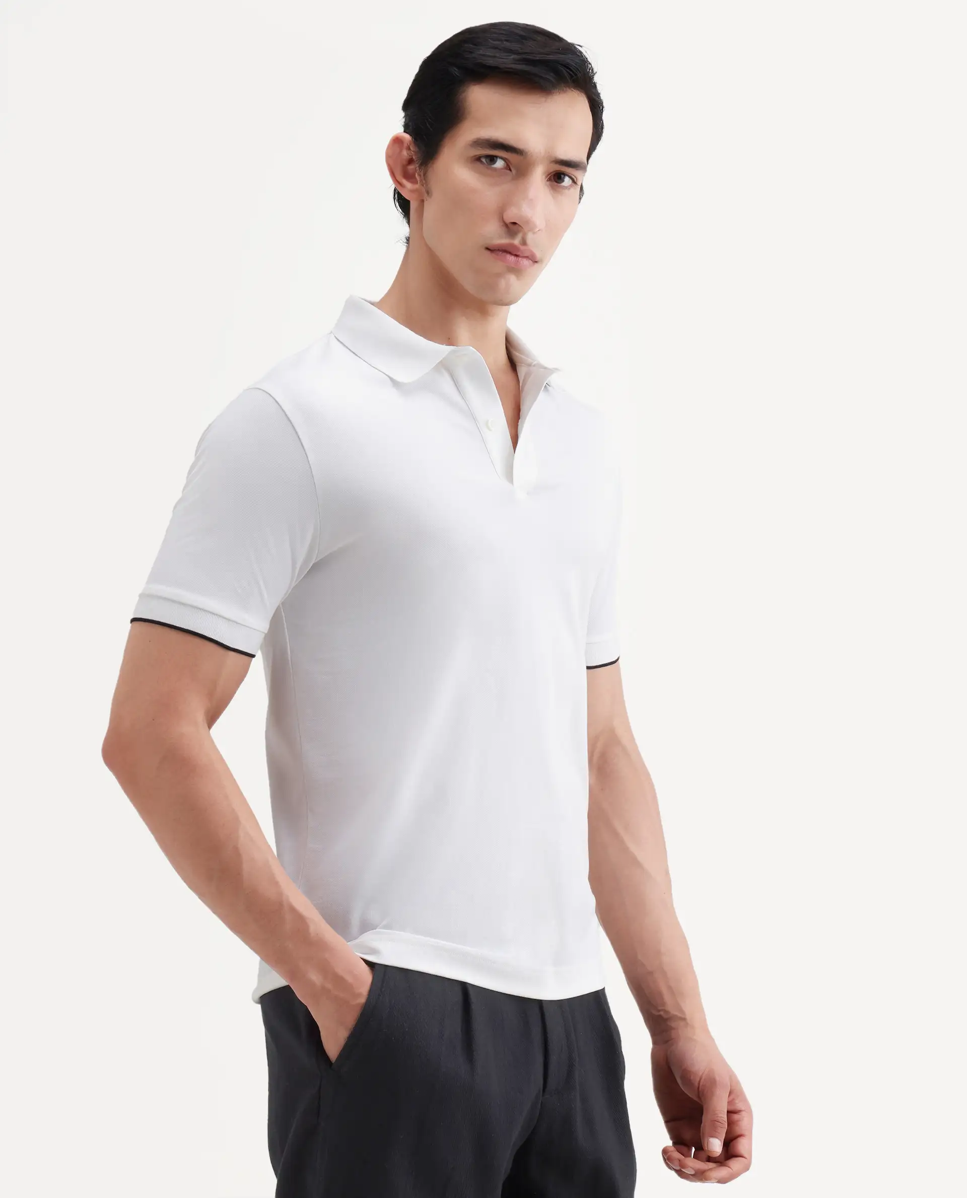 Rare Rabbit Men's Limo-S26 White Cotton Blend Fabric Half Sleeve Spread Collar Regular Fit Plain Polo - Image 6