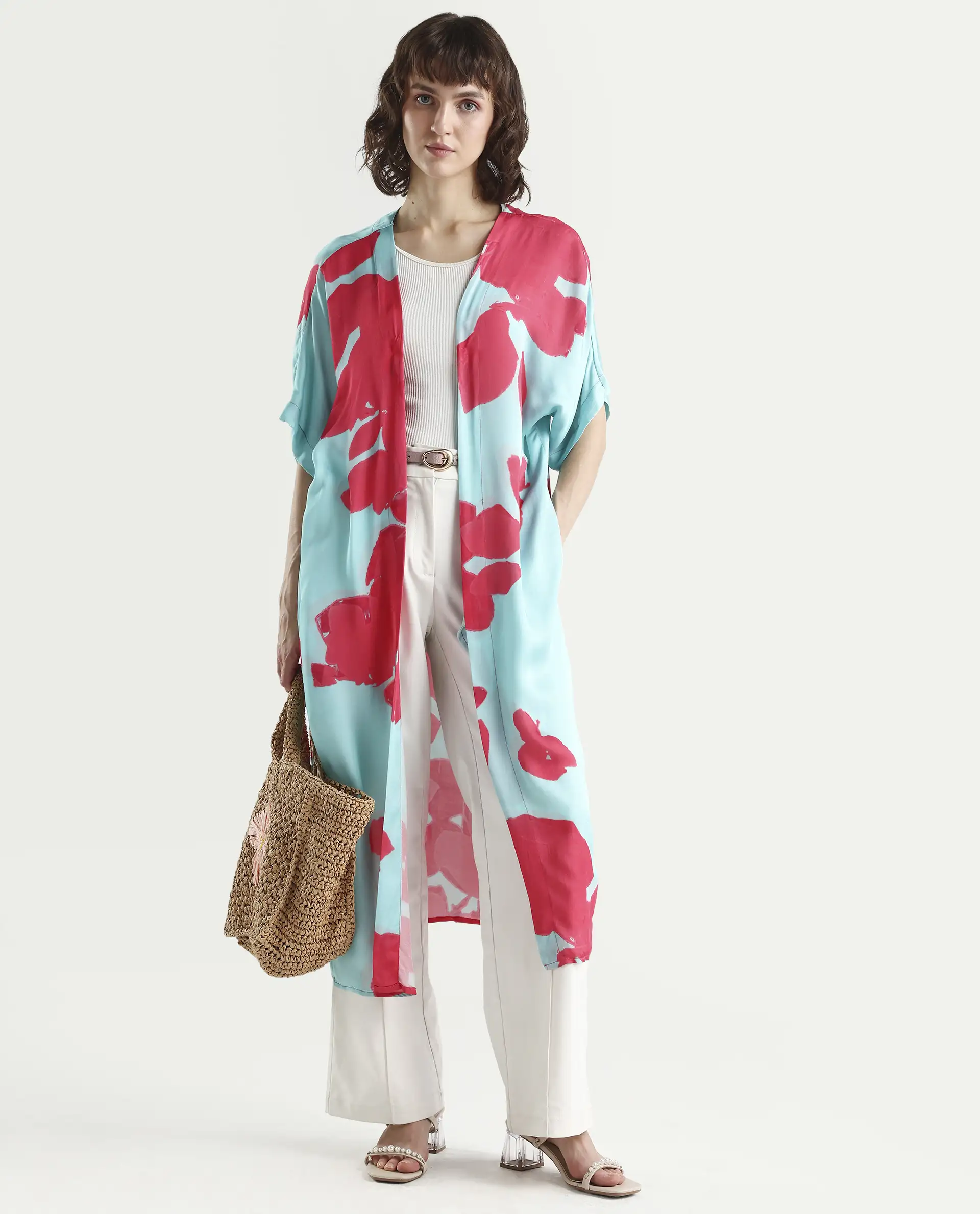 Rareism Women's Limur Turq Modal Blend Collarless Relaxed Fit Outer Wear - Image 2