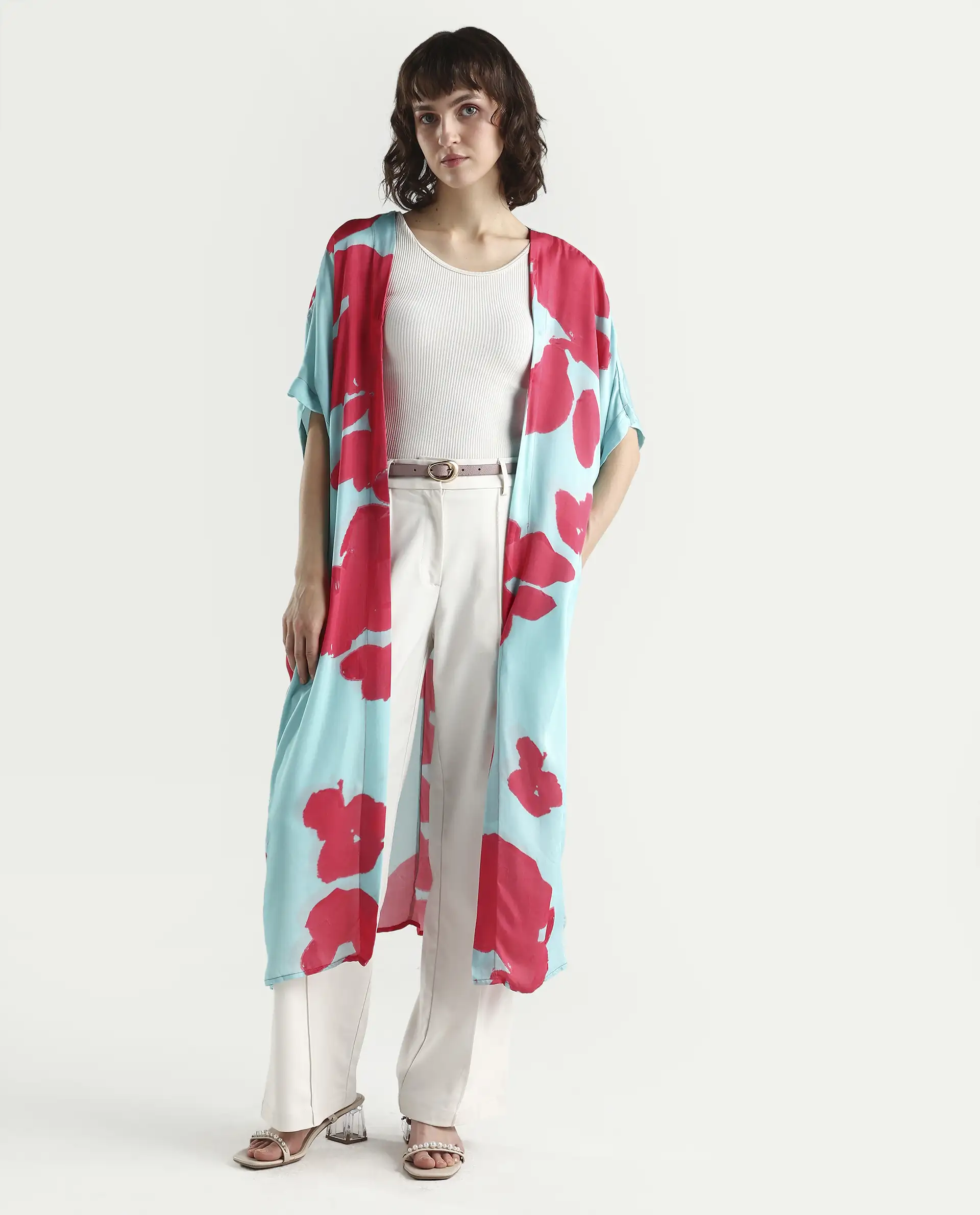 Rareism Women's Limur Turq Modal Blend Collarless Relaxed Fit Outer Wear - Image 3