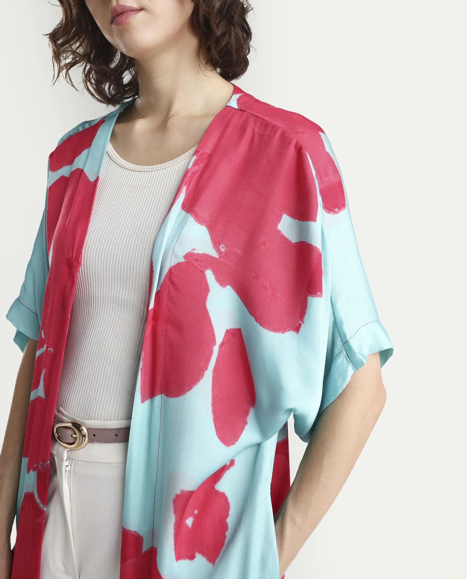 Rareism Women's Limur Turq Modal Blend Collarless Relaxed Fit Outer Wear - Image 4