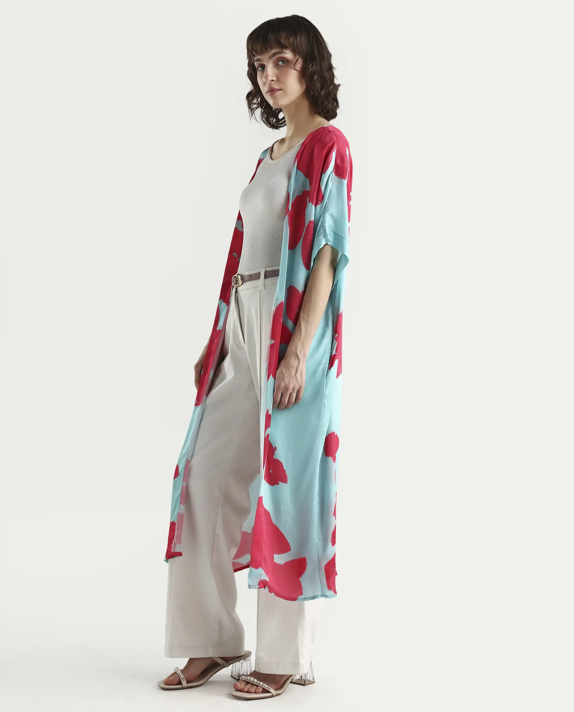 Rareism Women's Limur Turq Modal Blend Collarless Relaxed Fit Outer Wear - Image 5