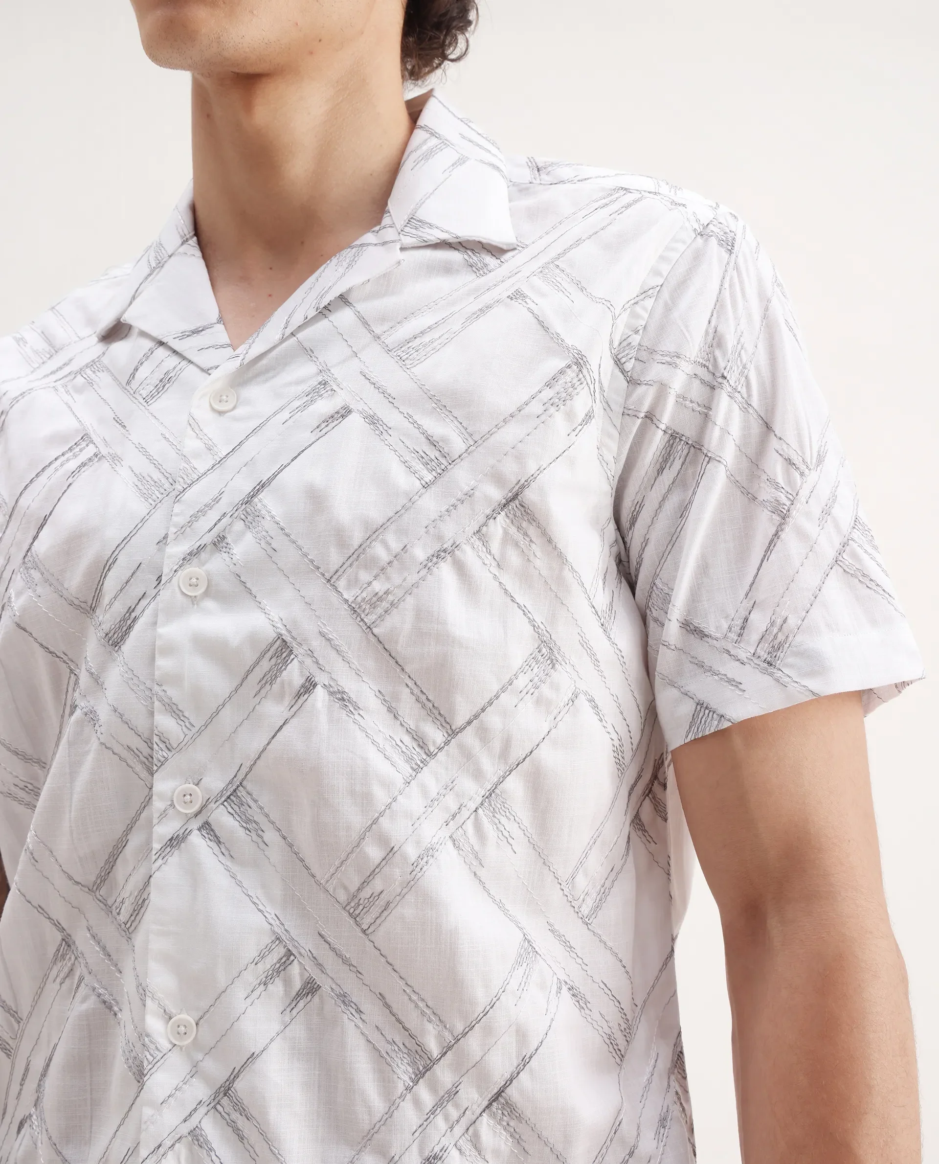 Rare Rabbit Men's Lina White Cotton Embroidered Relaxed Fit Half Sleeve Cuban Collar Shirt - Image 3