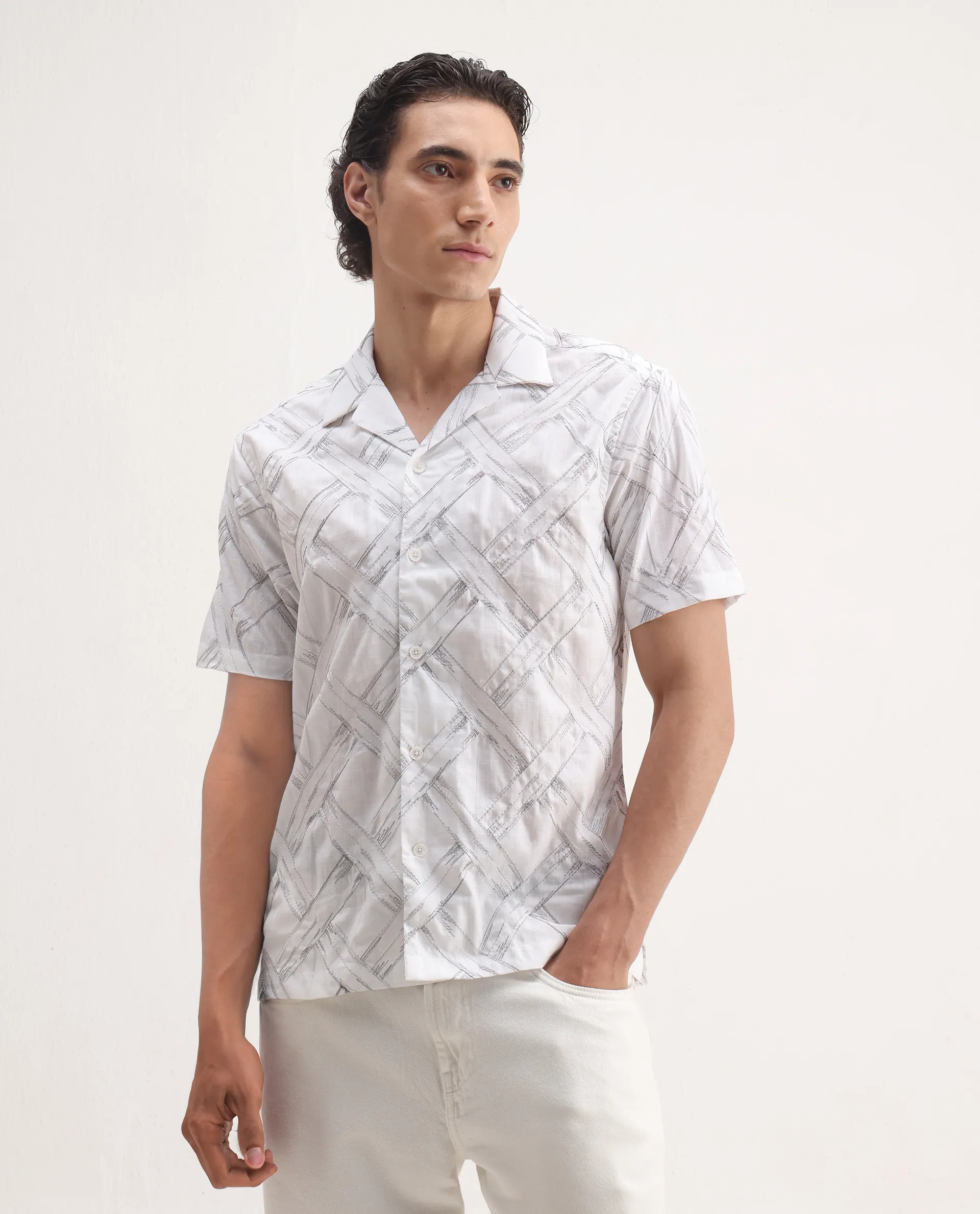 Rare Rabbit Men's Lina White Cotton Embroidered Relaxed Fit Half Sleeve Cuban Collar Shirt - Image 4