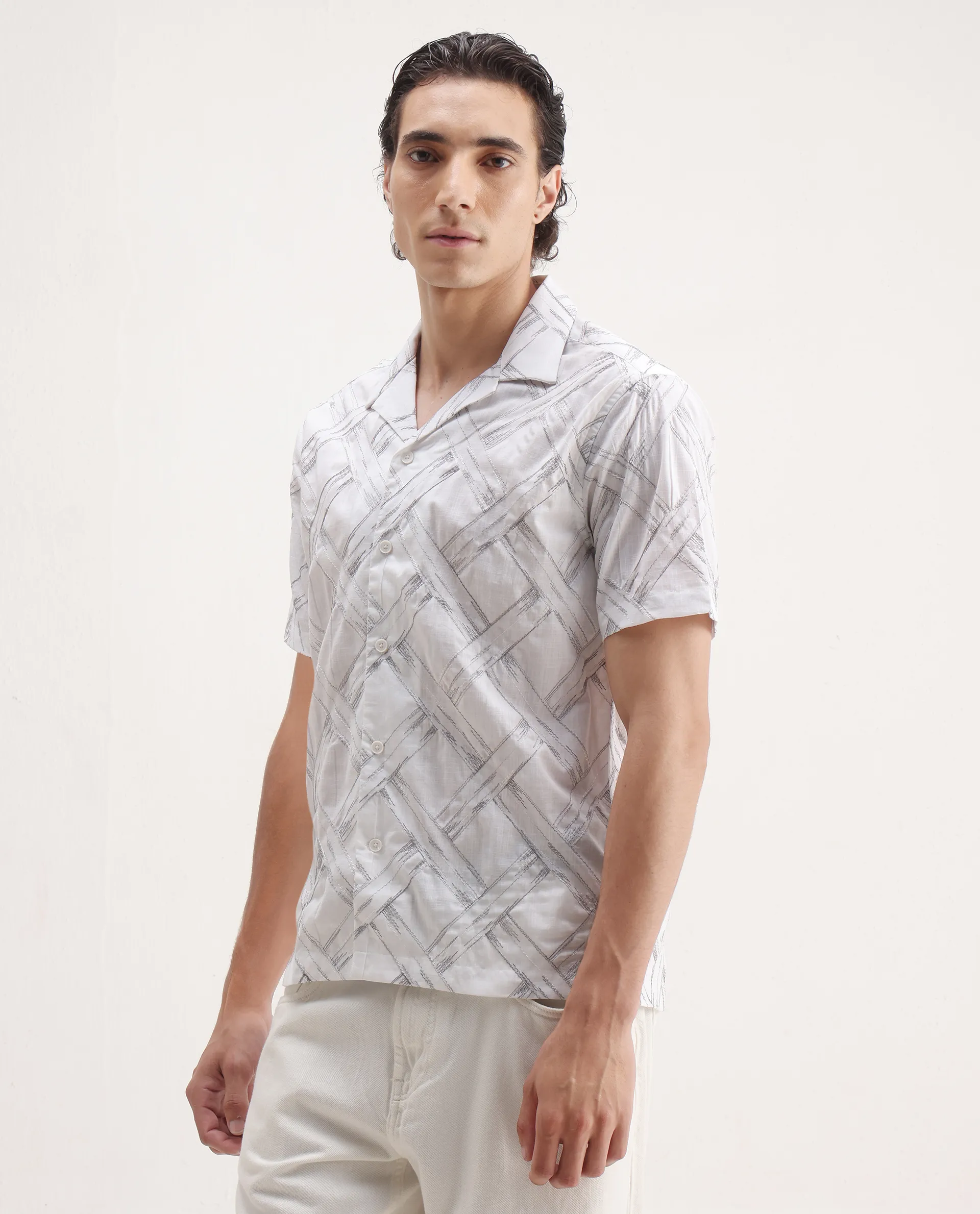Rare Rabbit Men's Lina White Cotton Embroidered Relaxed Fit Half Sleeve Cuban Collar Shirt - Image 5