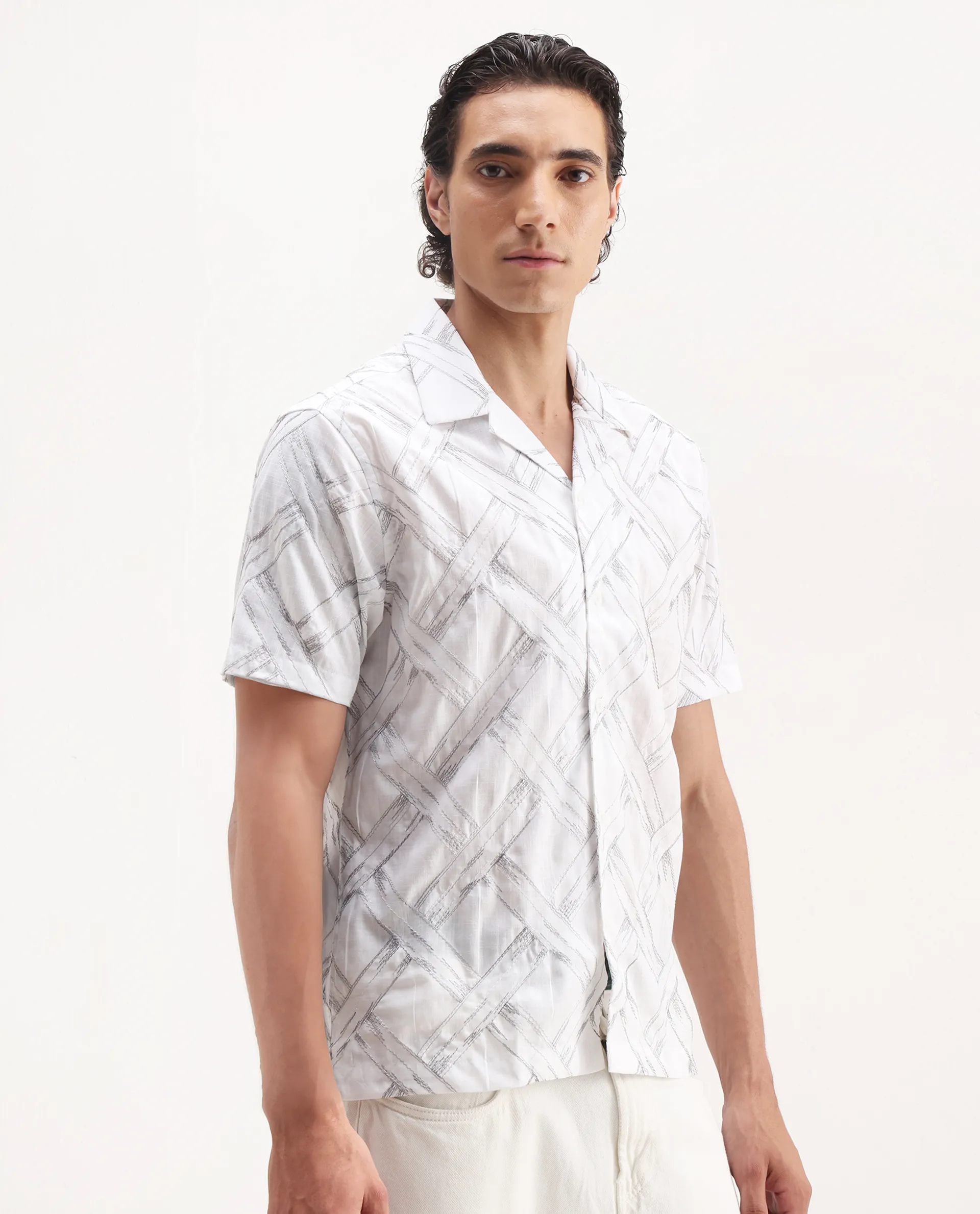 Rare Rabbit Men's Lina White Cotton Embroidered Relaxed Fit Half Sleeve Cuban Collar Shirt - Image 6