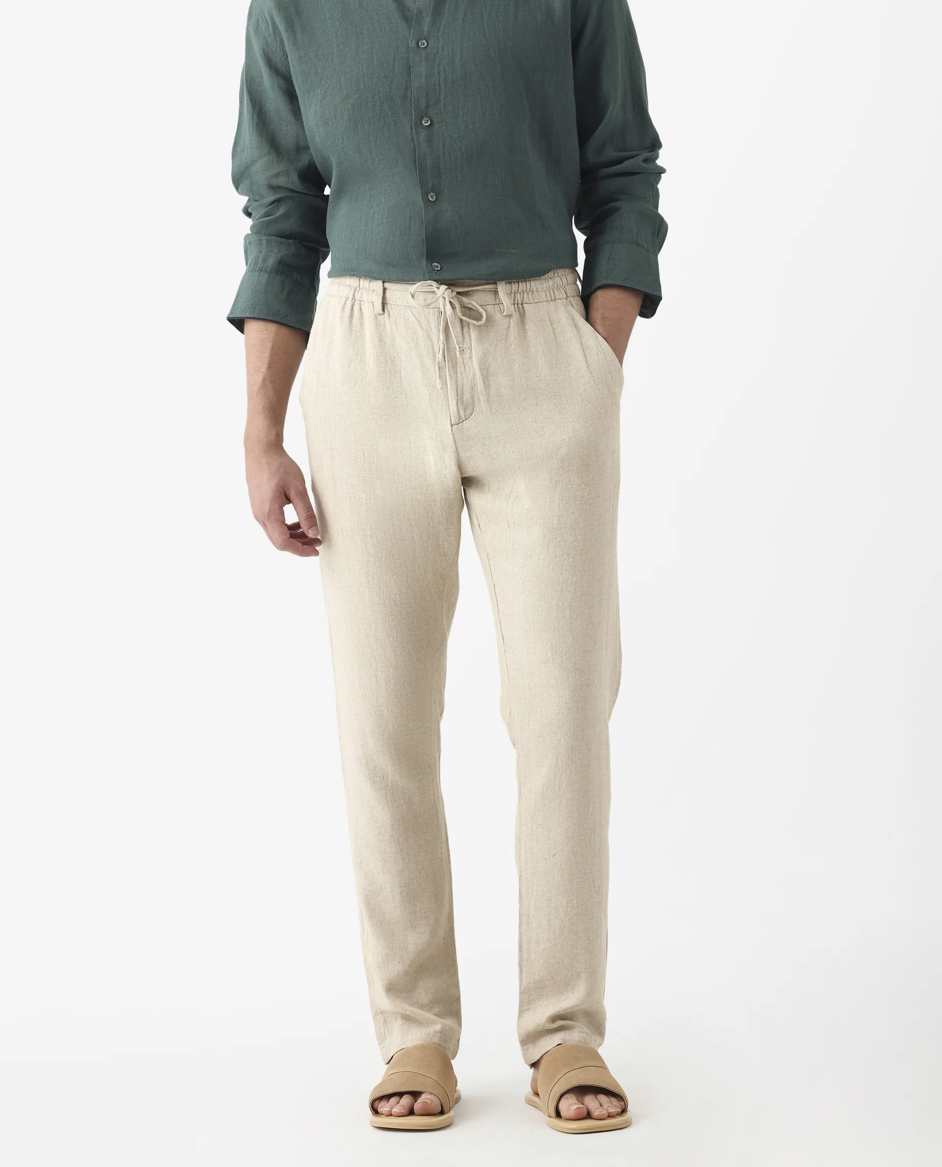 Rare Rabbit Men's Linac Beige 100% Linen Plain Regular Fit Trouser - Image 2