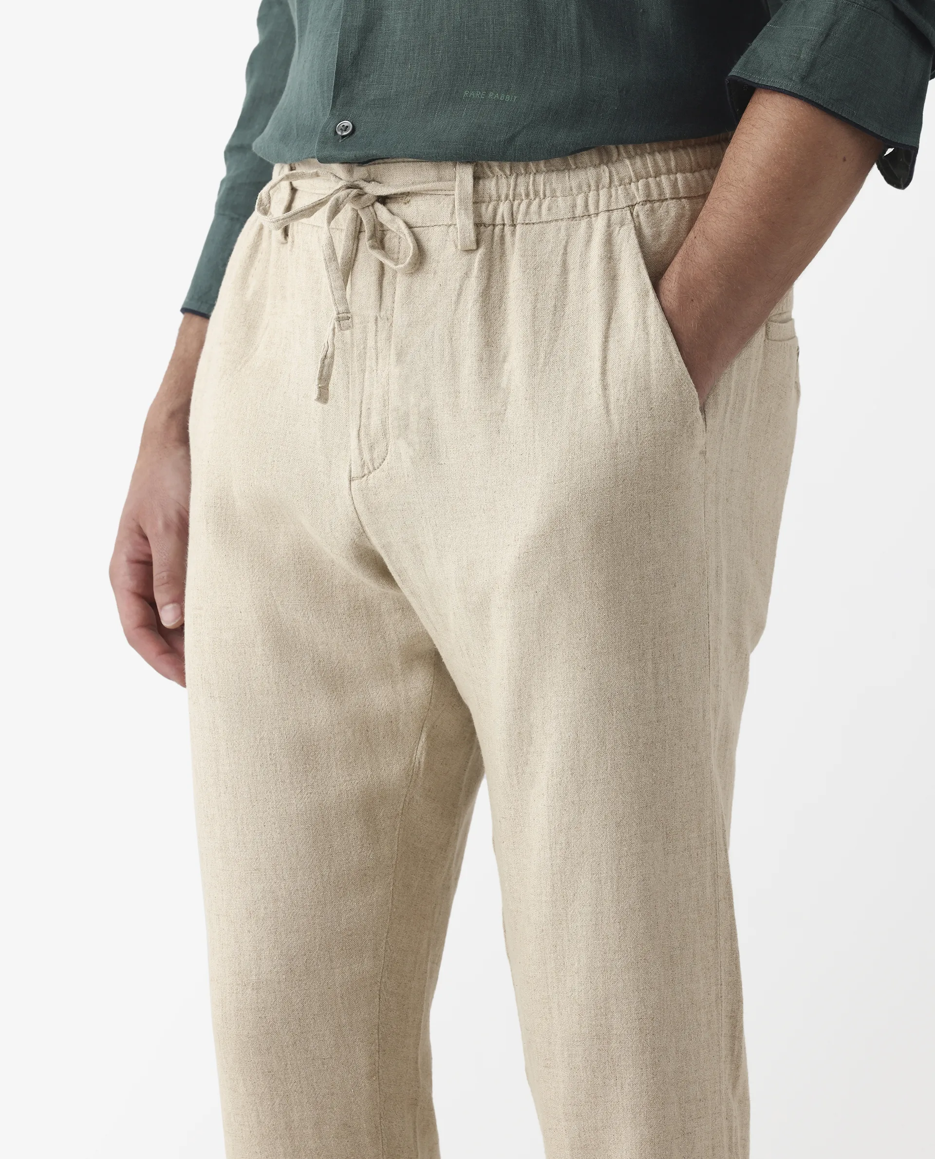 Rare Rabbit Men's Linac Beige 100% Linen Plain Regular Fit Trouser - Image 3