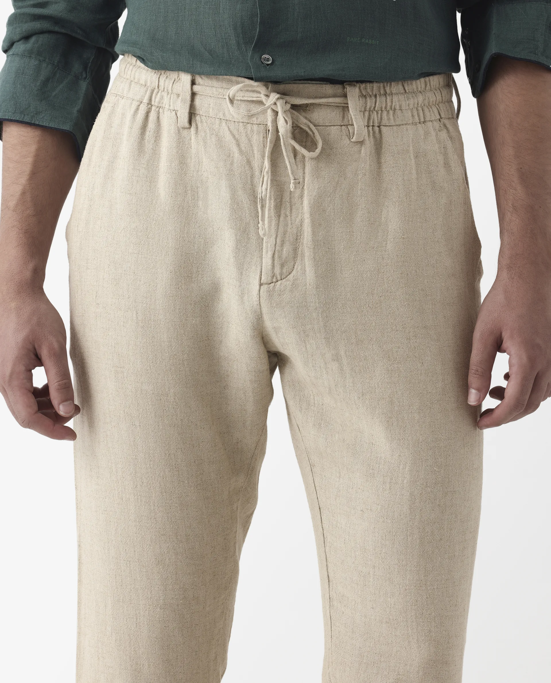 Rare Rabbit Men's Linac Beige 100% Linen Plain Regular Fit Trouser - Image 4