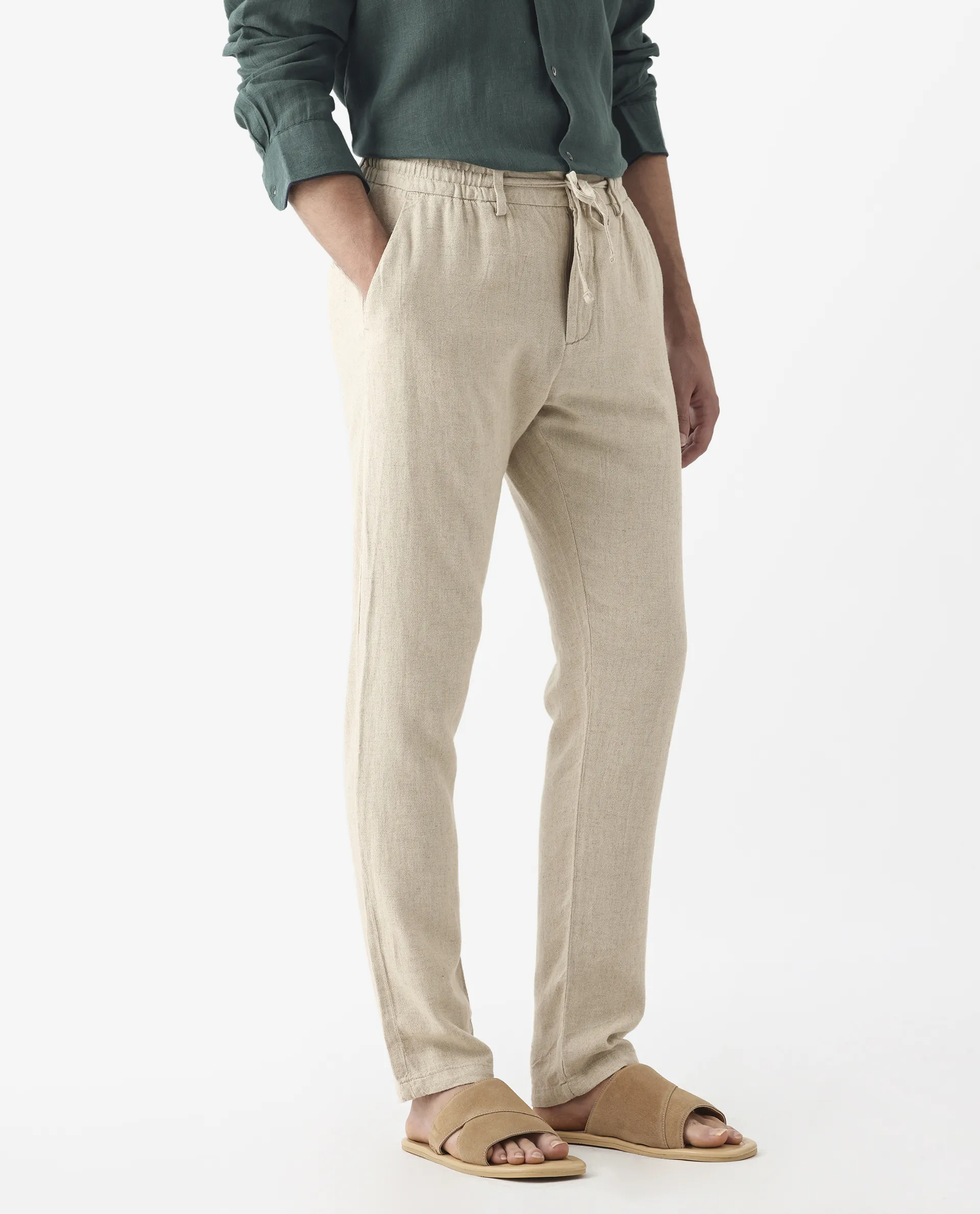 Rare Rabbit Men's Linac Beige 100% Linen Plain Regular Fit Trouser - Image 5