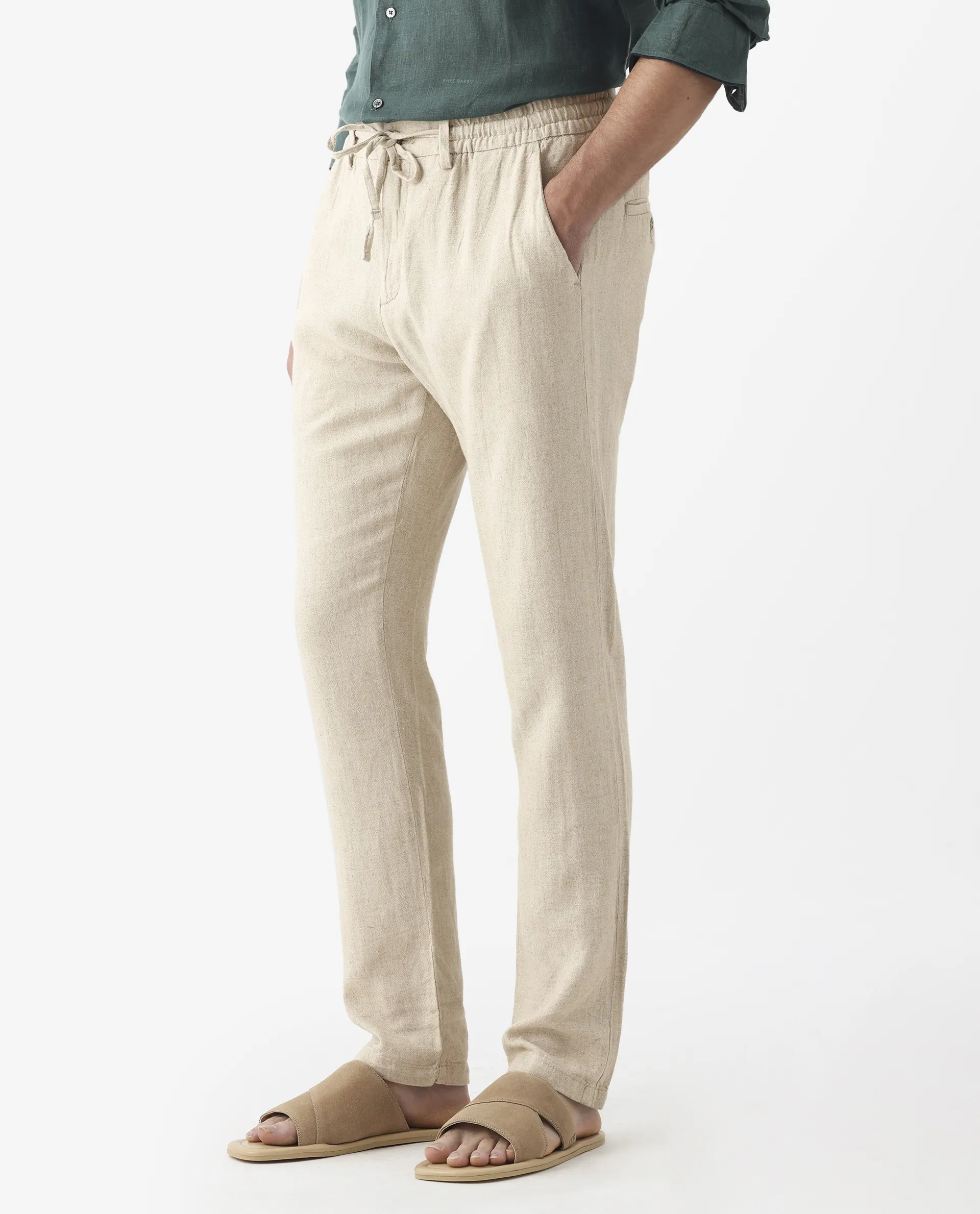 Rare Rabbit Men's Linac Beige 100% Linen Plain Regular Fit Trouser - Image 6