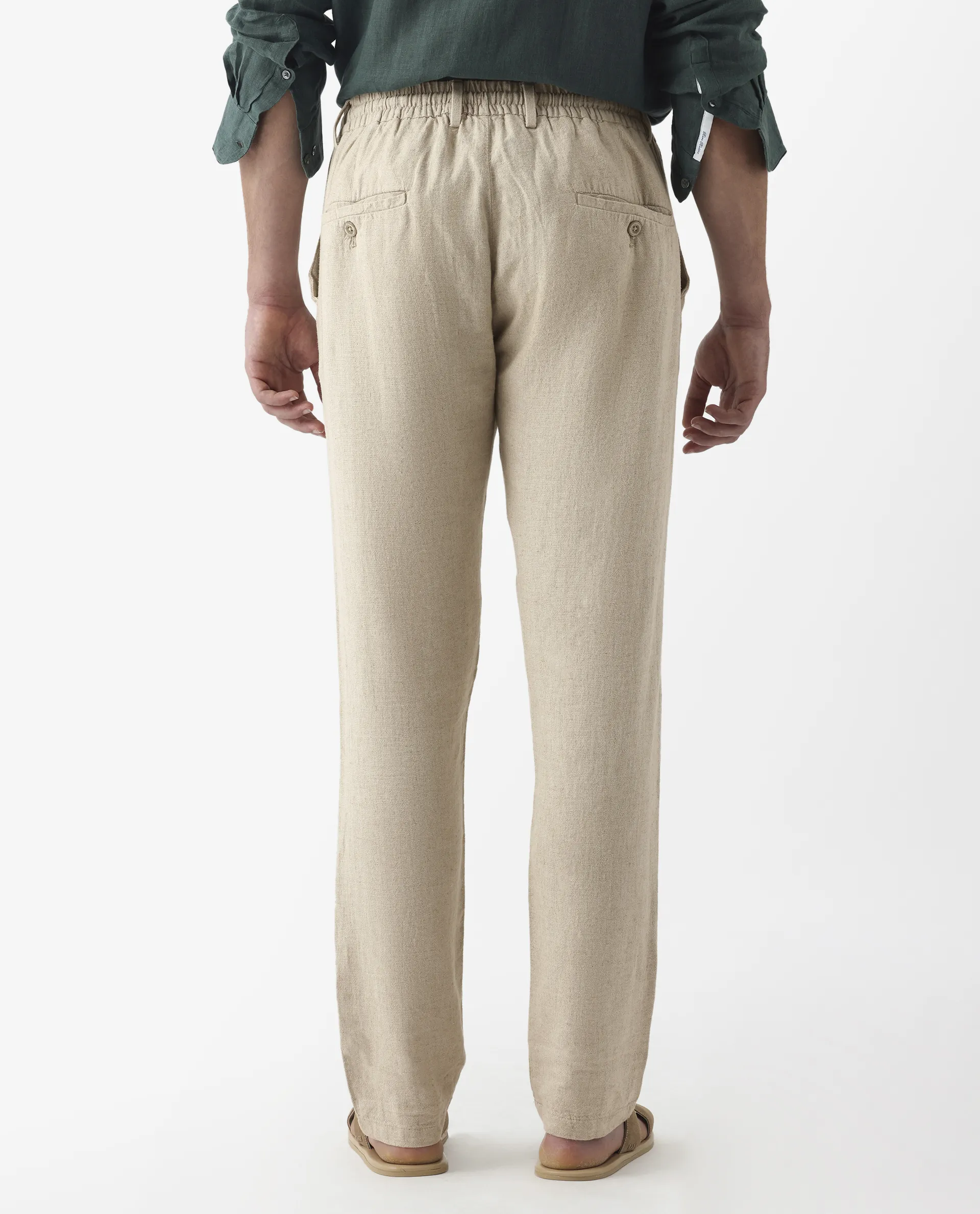Rare Rabbit Men's Linac Beige 100% Linen Plain Regular Fit Trouser - Image 8