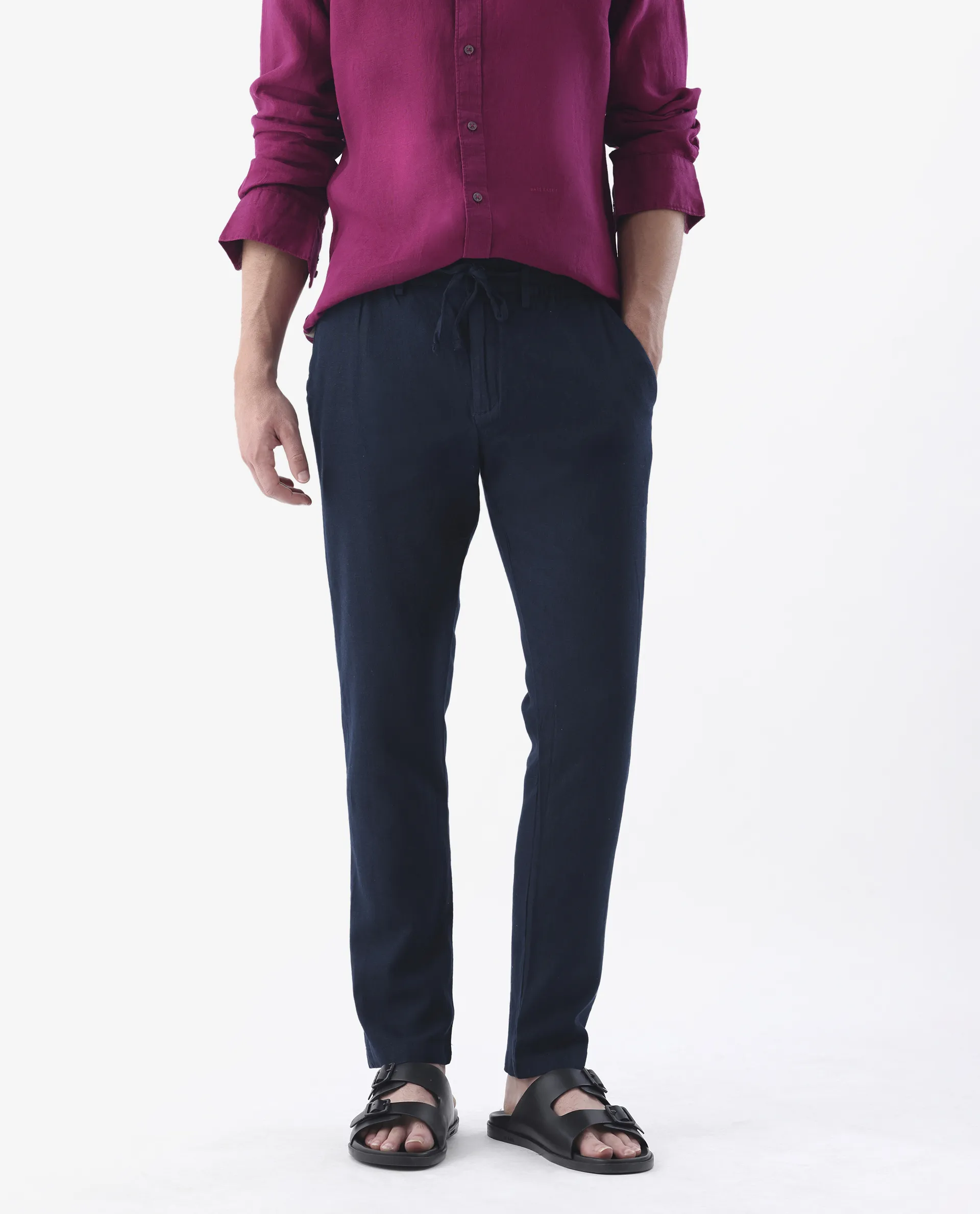 Rare Rabbit Men's Linac Dark Navy 100% Linen Plain Regular Fit Trouser - Image 2