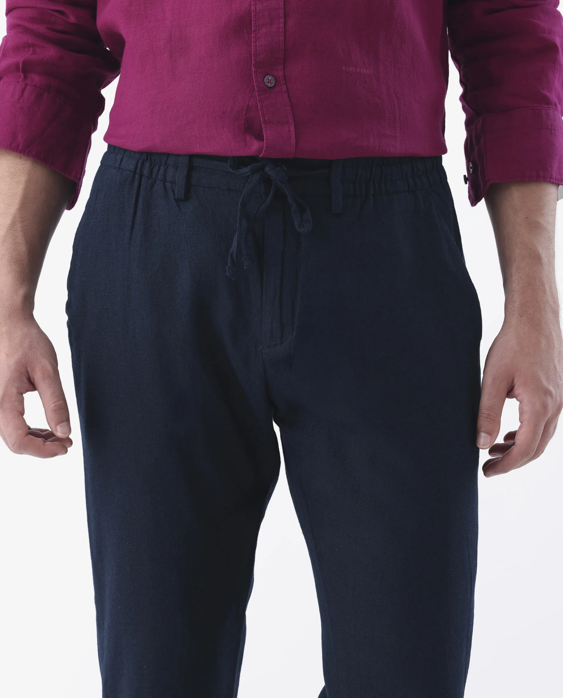 Rare Rabbit Men's Linac Dark Navy 100% Linen Plain Regular Fit Trouser - Image 3