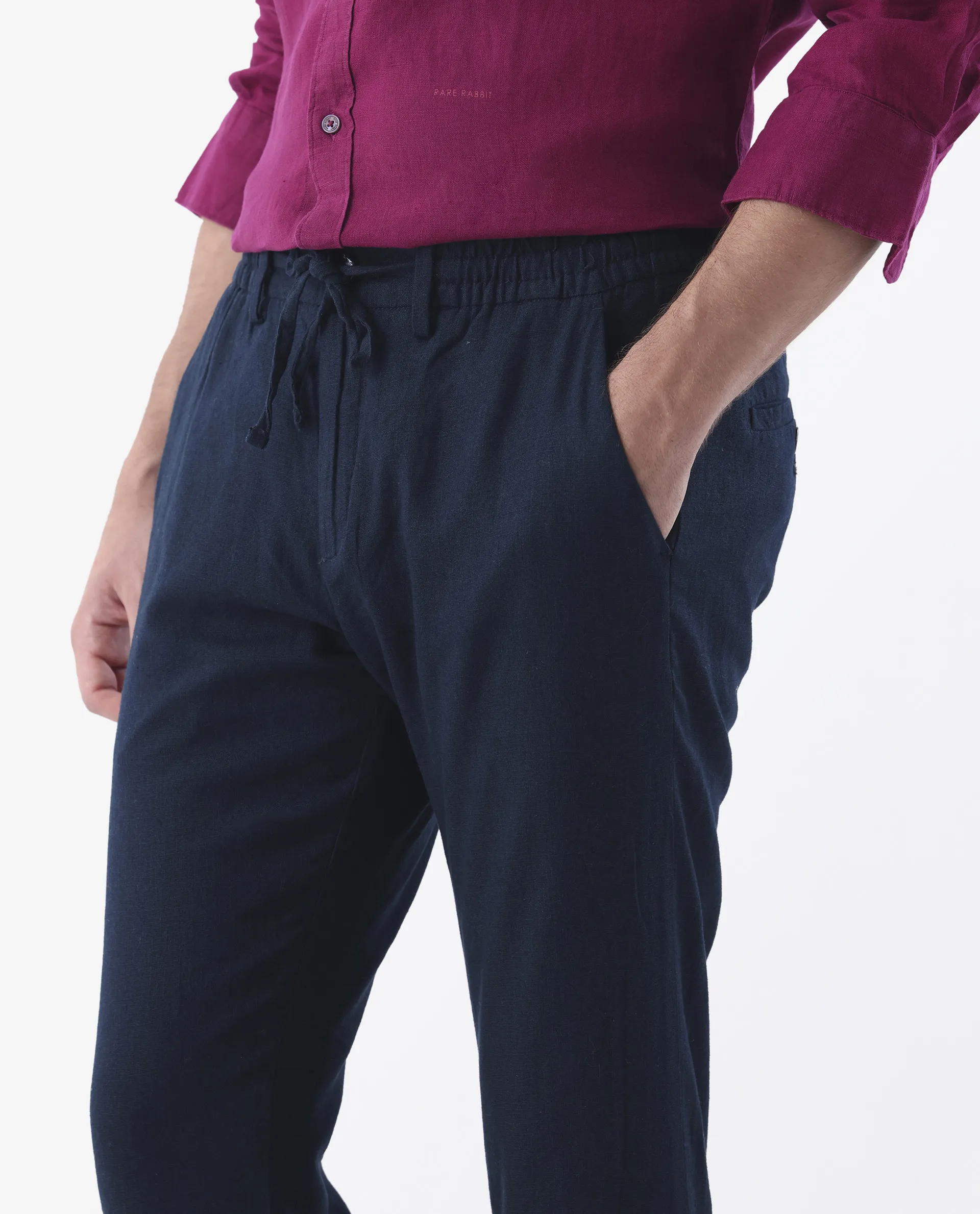 Rare Rabbit Men's Linac Dark Navy 100% Linen Plain Regular Fit Trouser - Image 4
