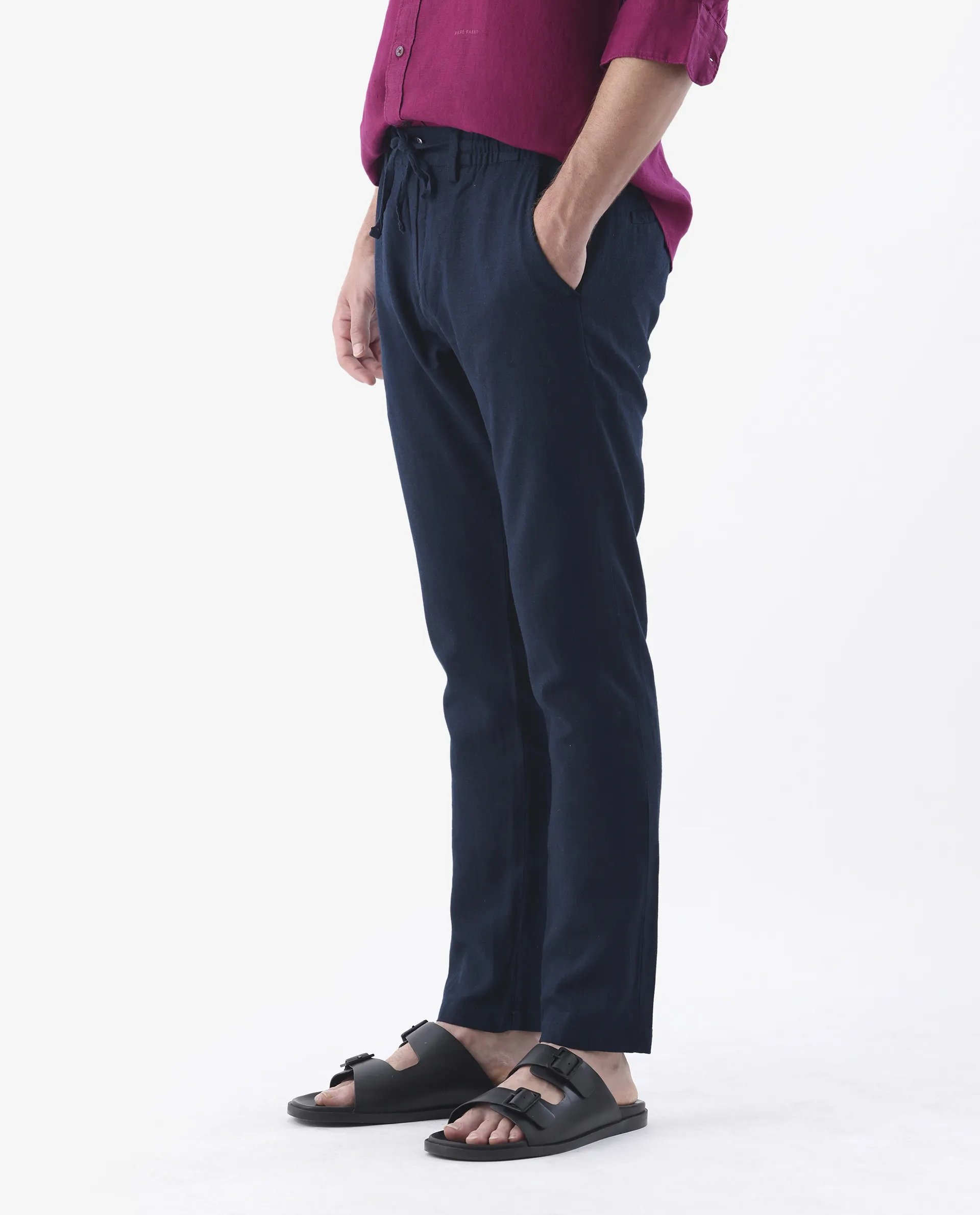 Rare Rabbit Men's Linac Dark Navy 100% Linen Plain Regular Fit Trouser - Image 5