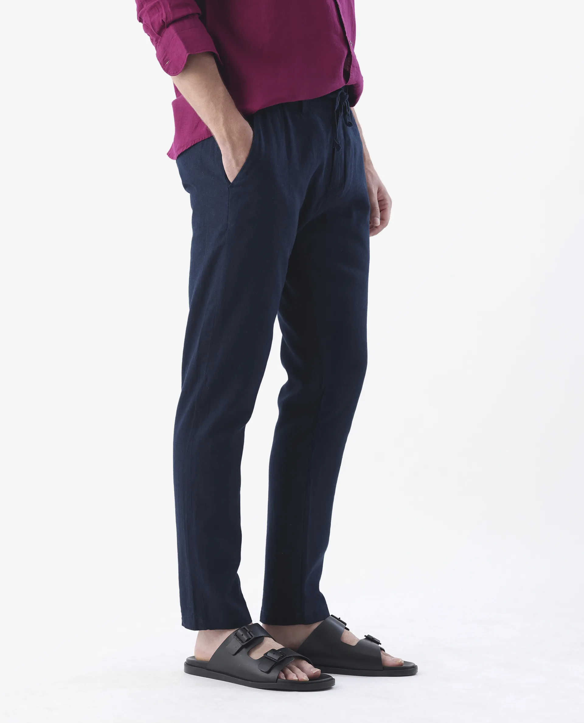 Rare Rabbit Men's Linac Dark Navy 100% Linen Plain Regular Fit Trouser - Image 6